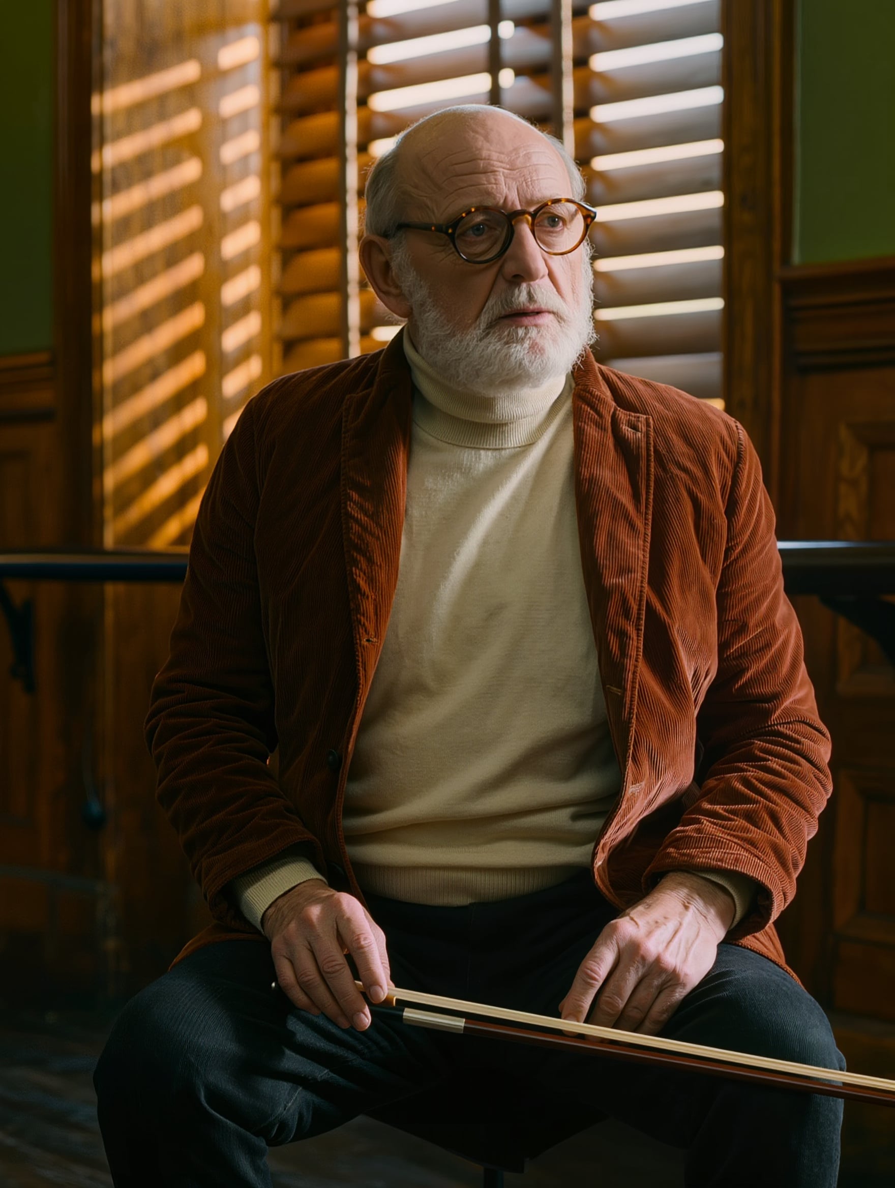 Editorial portrait of a bearded man in round tortoiseshell glasses, a rust corduroy jacket and a cream turtleneck holding a cello bow across his knees, warm afternoon light glowing through slatted blinds behind him in a wood paneled room