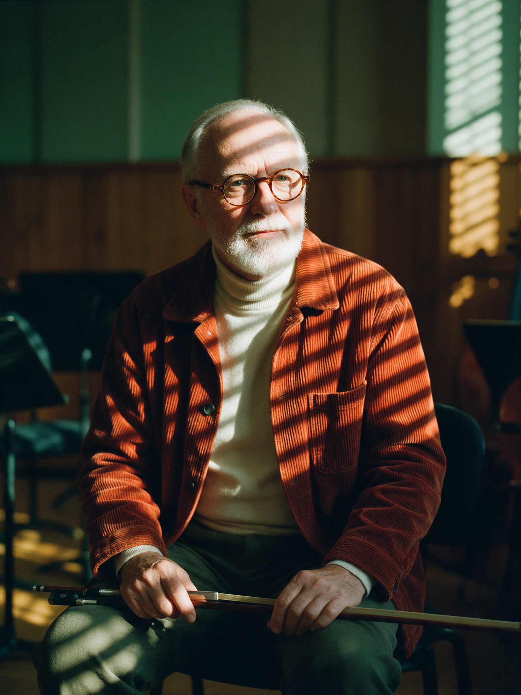 Editorial portrait of a man in his seventies with a white beard and round tortoiseshell glasses in a rust corduroy jacket and cream turtleneck, a cello bow across his knees, bars of warm window light falling across his face and jacket in a rehearsal room with music stands and green walls
