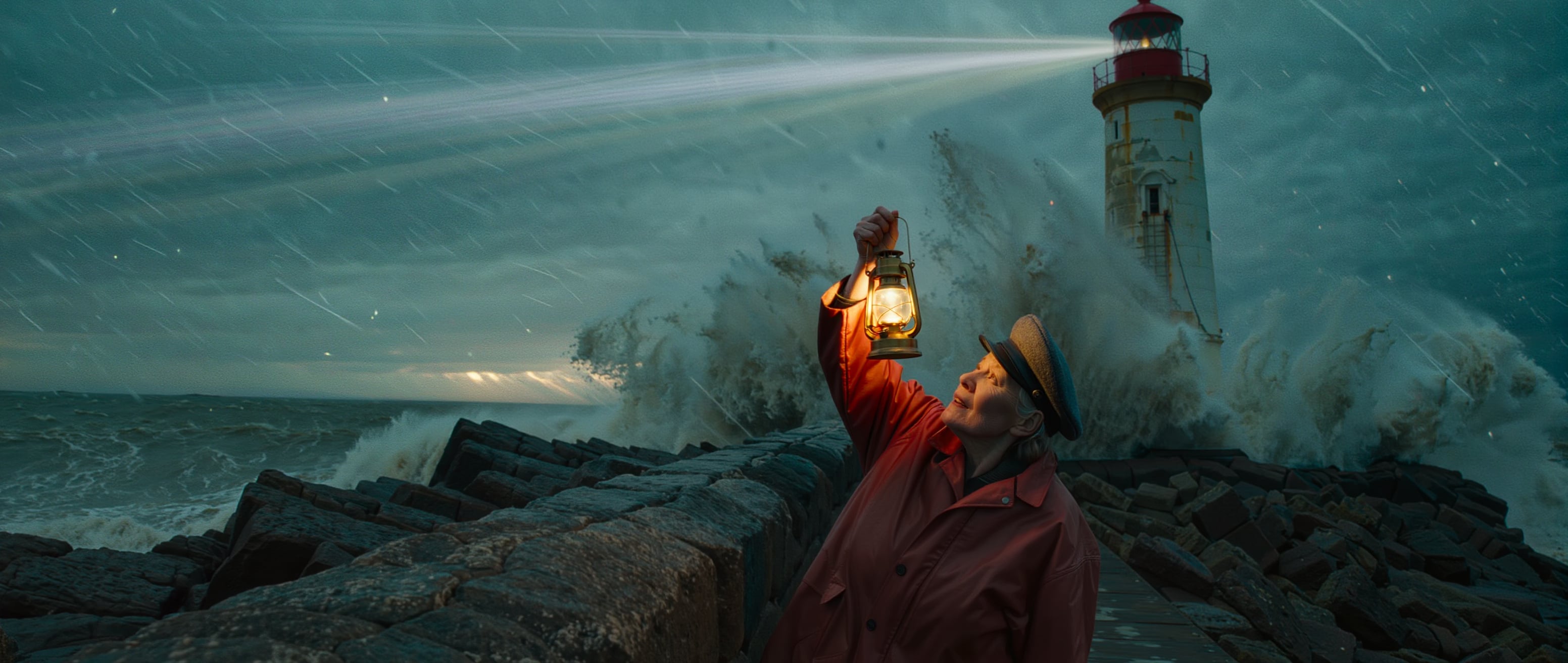 Cinematic 21:9 film still of a woman in a crimson oilskin coat and peaked cap raising a glowing brass lantern on a black basalt jetty, a storm wave exploding into white spray behind her and a lighthouse beam cutting through the rain