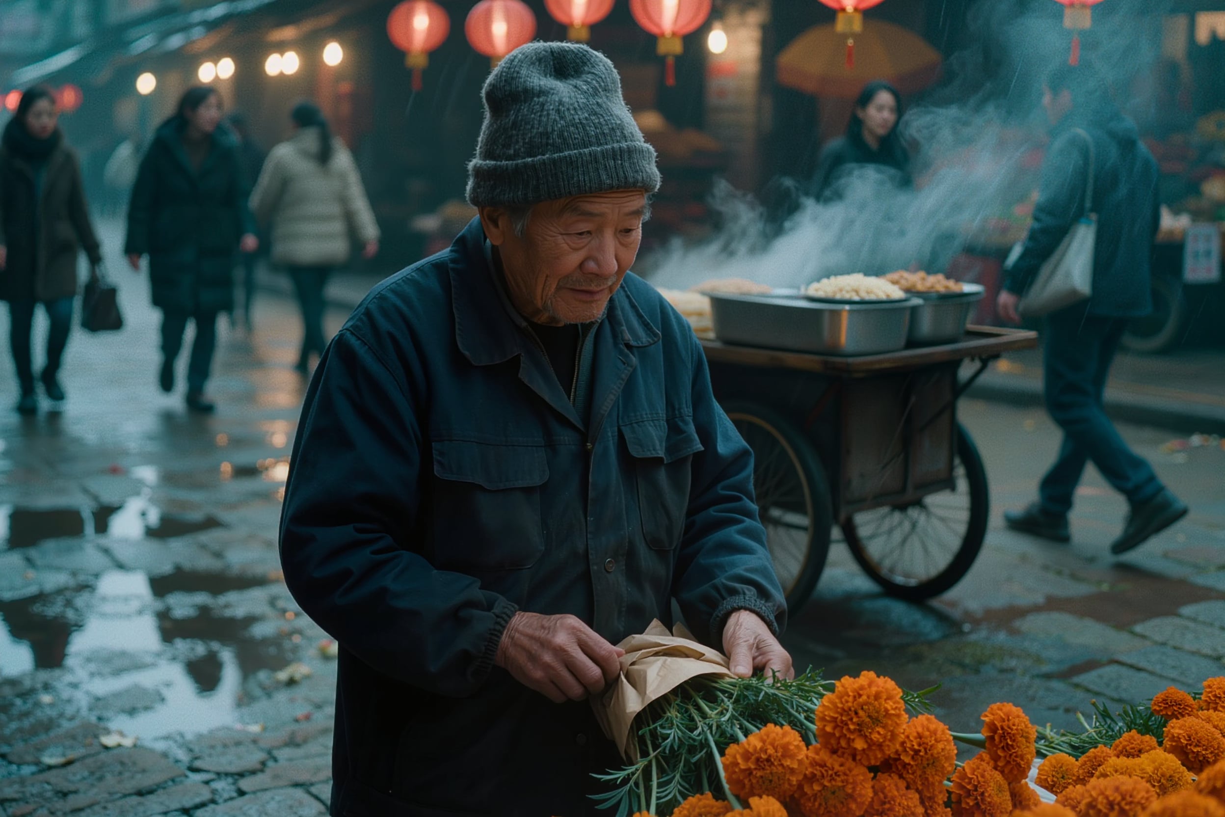 Night market street candid of a flower seller in a grey knit beanie and navy work jacket wrapping orange marigolds in brown paper, a steaming noodle cart and passersby on wet cobblestones behind him under red paper lanterns