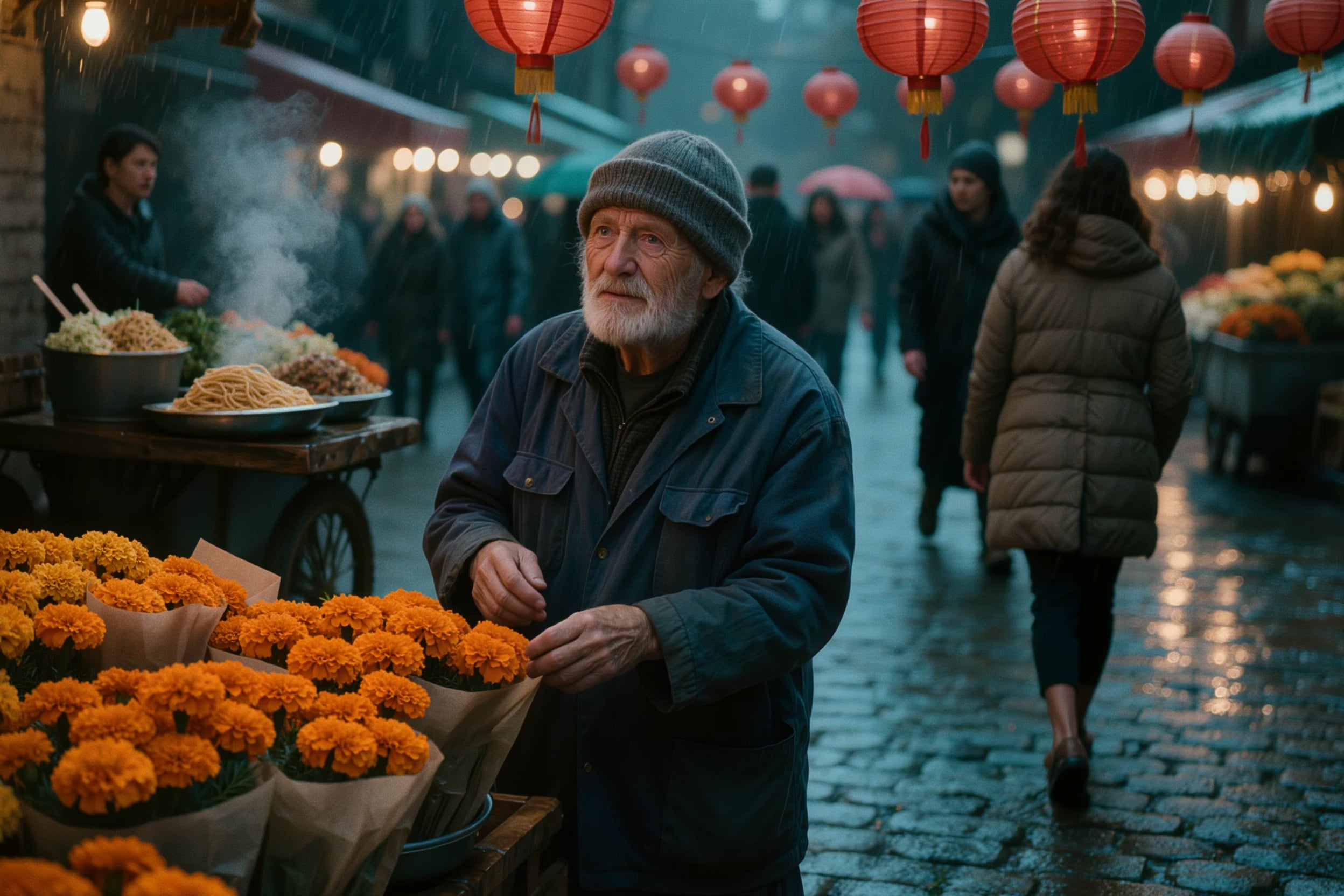 Night market street candid: an older man with a white beard and grey knit beanie in a navy work jacket stands over bouquets of orange marigolds wrapped in brown paper, red paper lanterns and wet cobblestones behind him, a steaming noodle cart at left