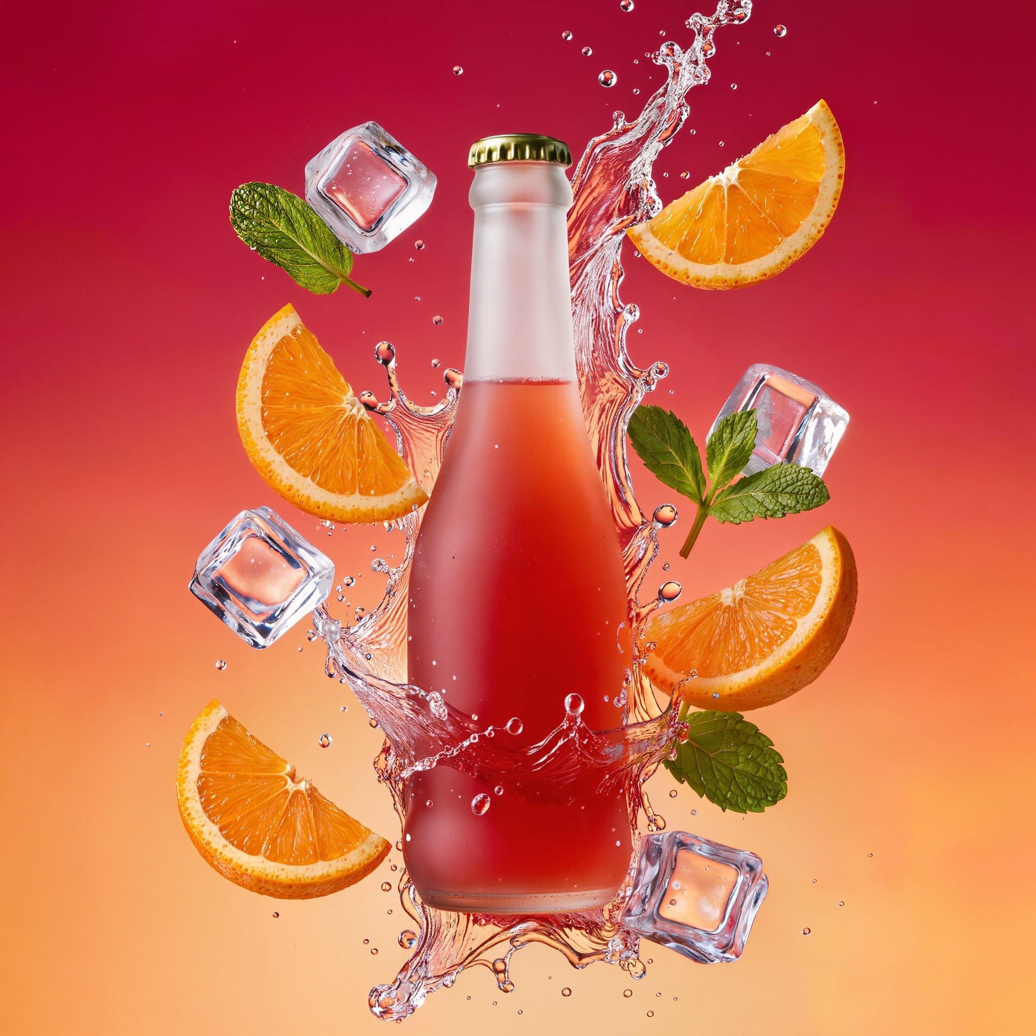 Frosted glass bottle of red soda rising through a crown of splashing water, orange slices, mint leaves and ice cubes frozen in mid air around it against a magenta to tangerine gradient