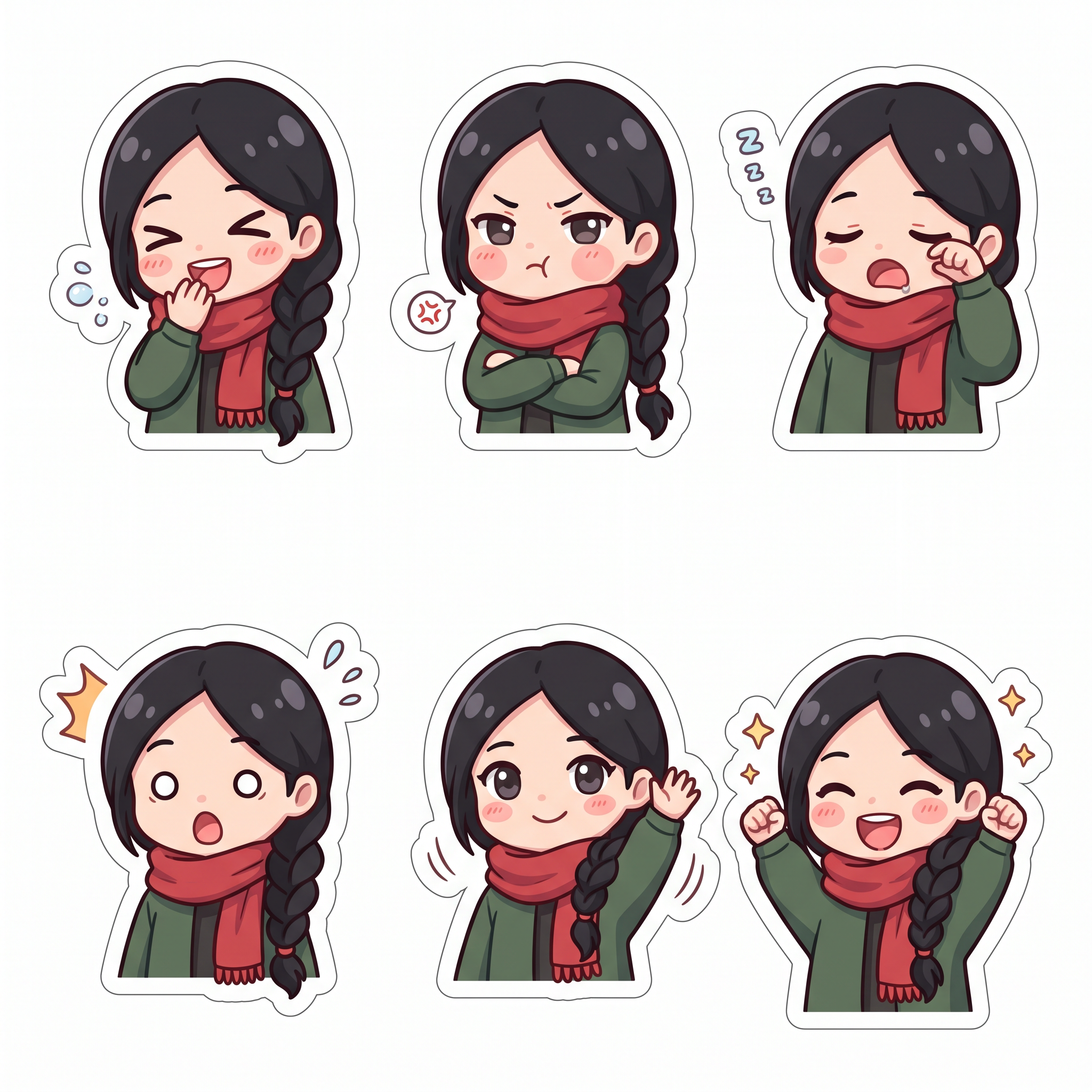 Six chibi stickers of a woman with a long black braid and a red scarf laughing, pouting, sleepy, surprised, waving and cheering