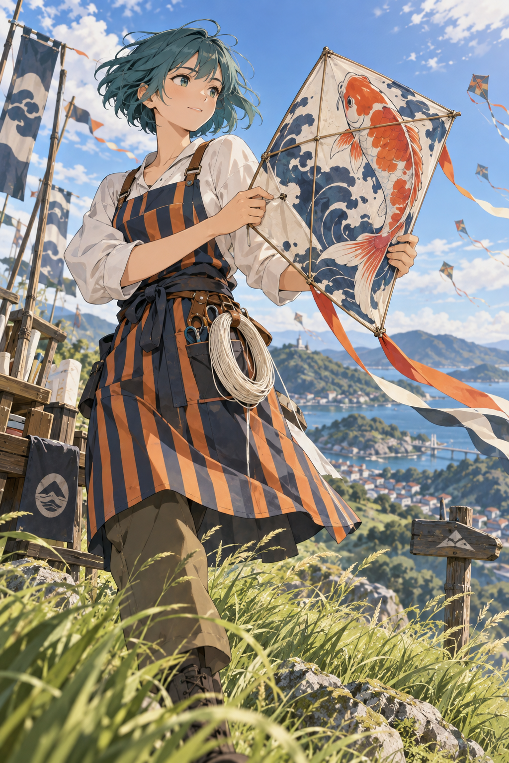 GPT Image 2.5: the kite maker stands on a hillside above a harbor town, a koi and wave kite over her shoulder