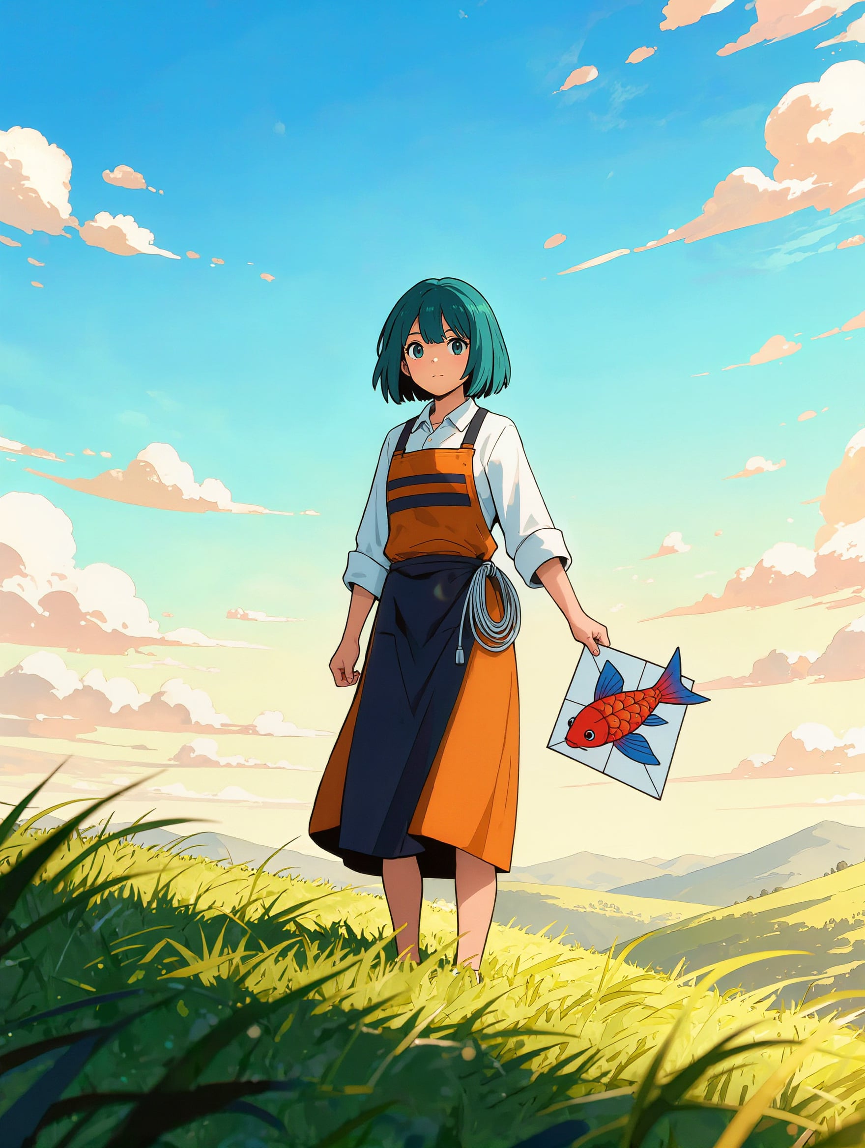Kling Image: a flat, bright take on the kite maker on a hilltop with a small fish kite
