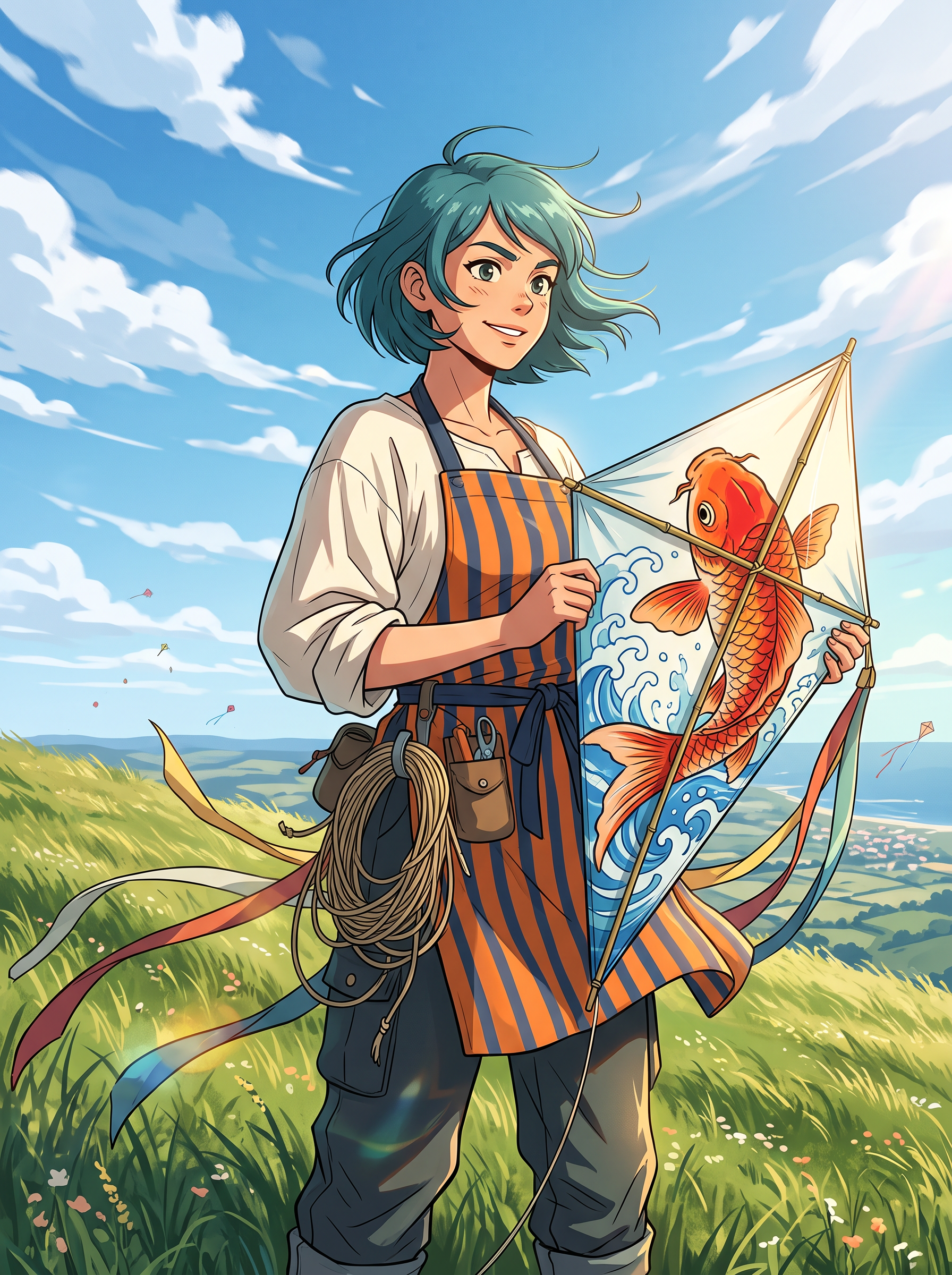 Nano Banana 2.1: a close view of the kite maker with a large koi kite and trailing ribbons