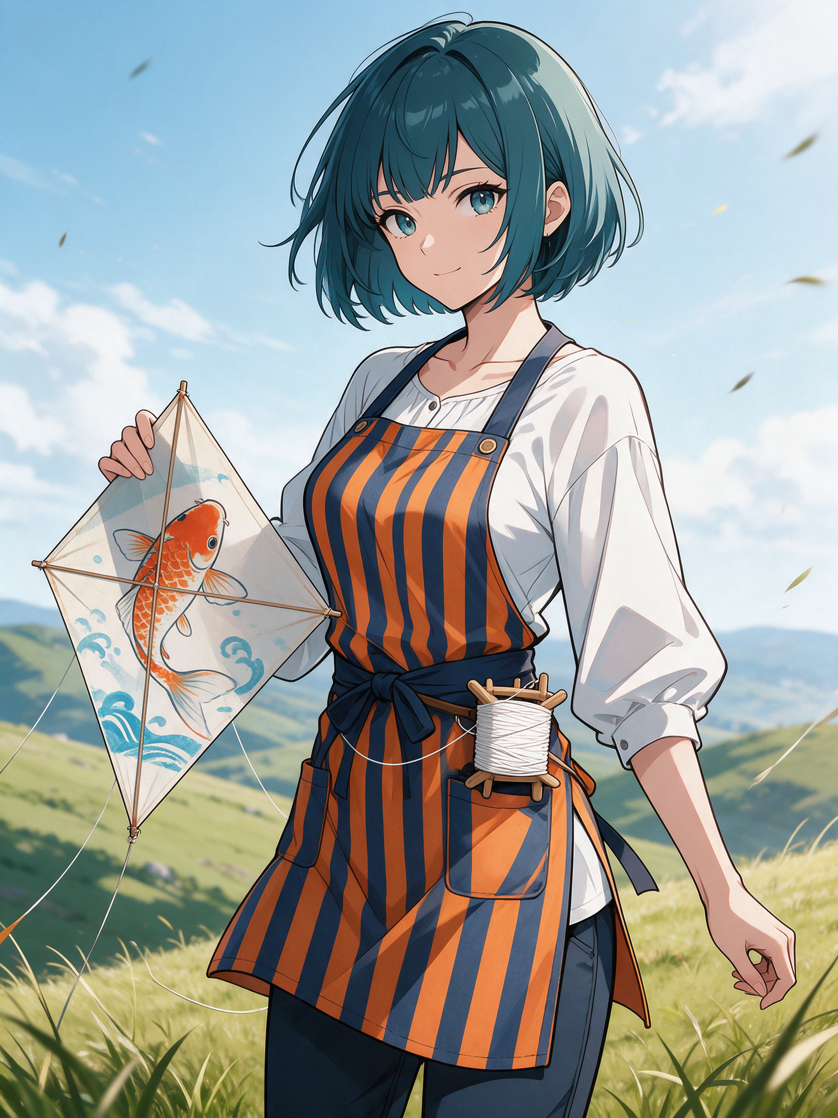 Seedream 5: the kite maker in a striped apron holds a koi kite on a windy hilltop