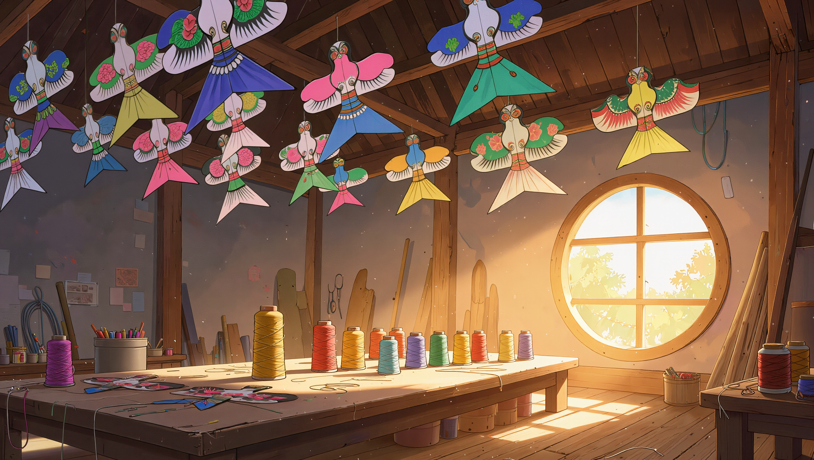 An anime kite workshop with bird shaped paper kites hanging from wooden rafters, spools of thread on a long table and a round sunlit window