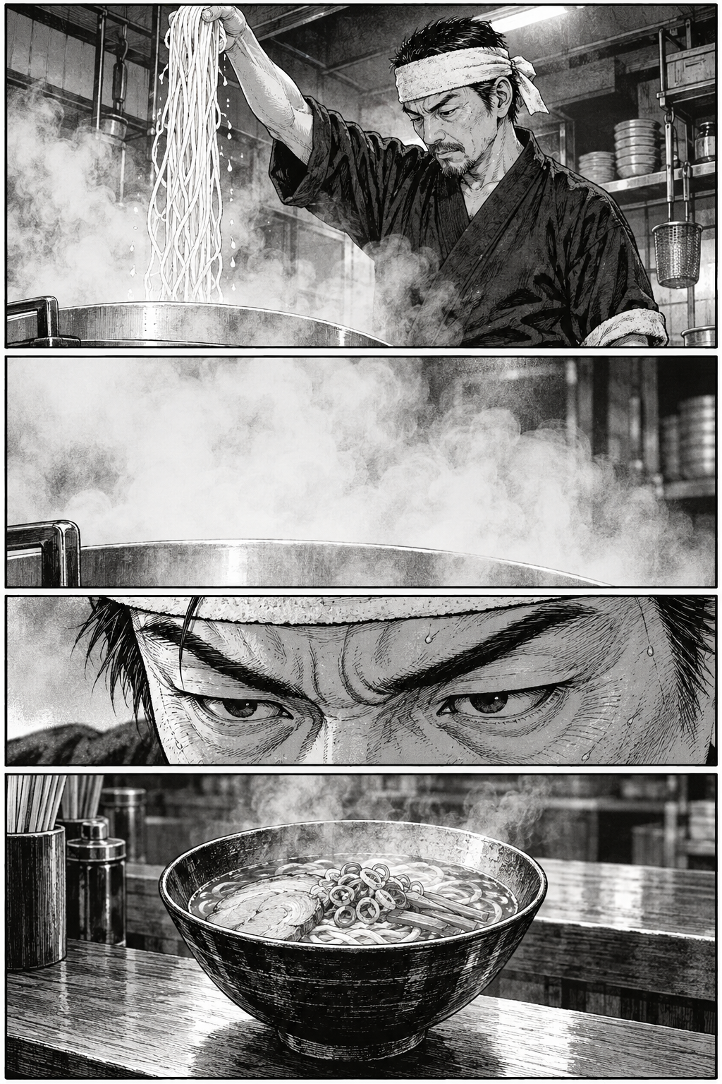 A black and white four panel manga page of a noodle cook lifting noodles, steam, his focused eyes and a finished bowl