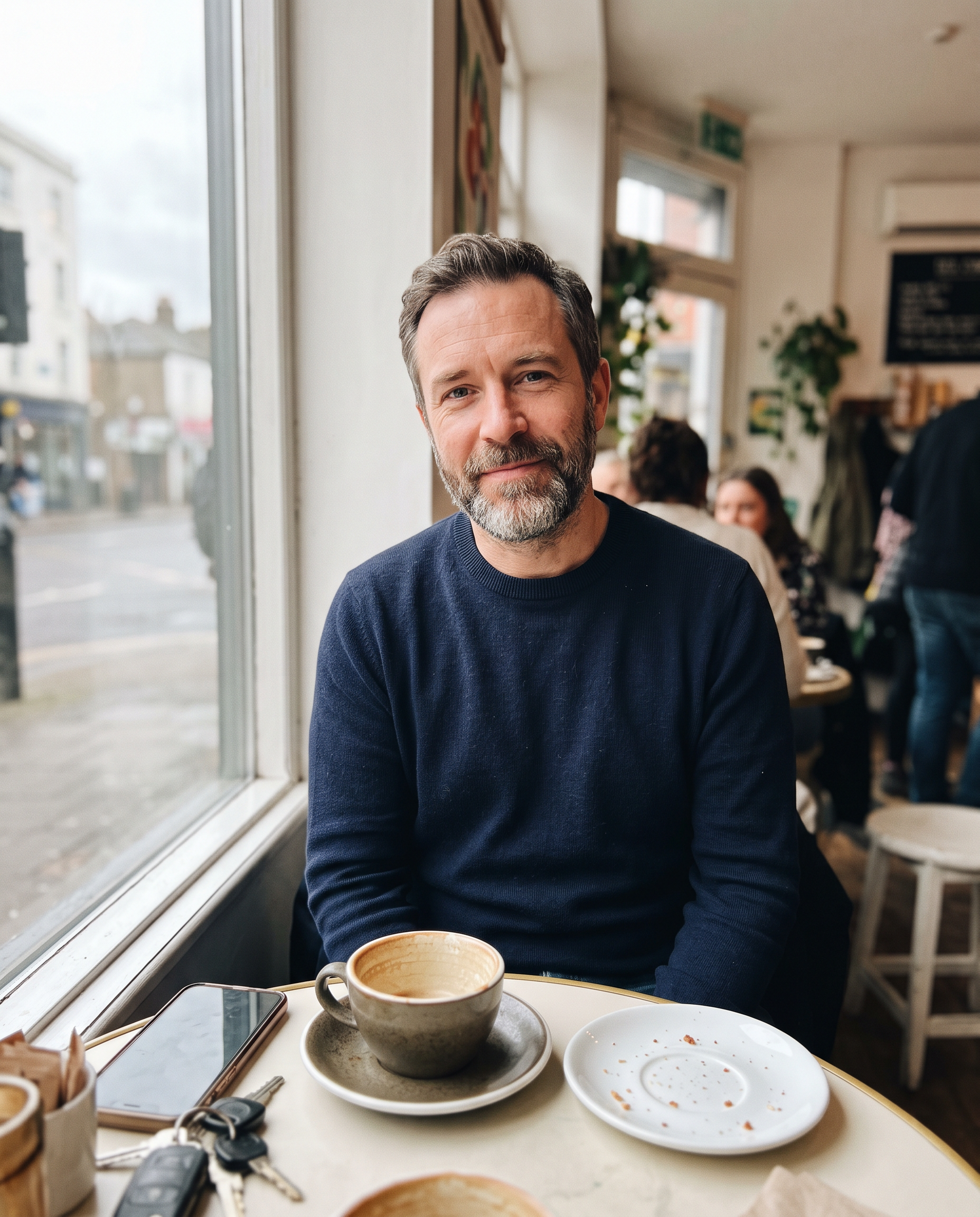 A bearded man in his forties in a navy sweater smiles at a cafe table by a window with a coffee cup in front of him