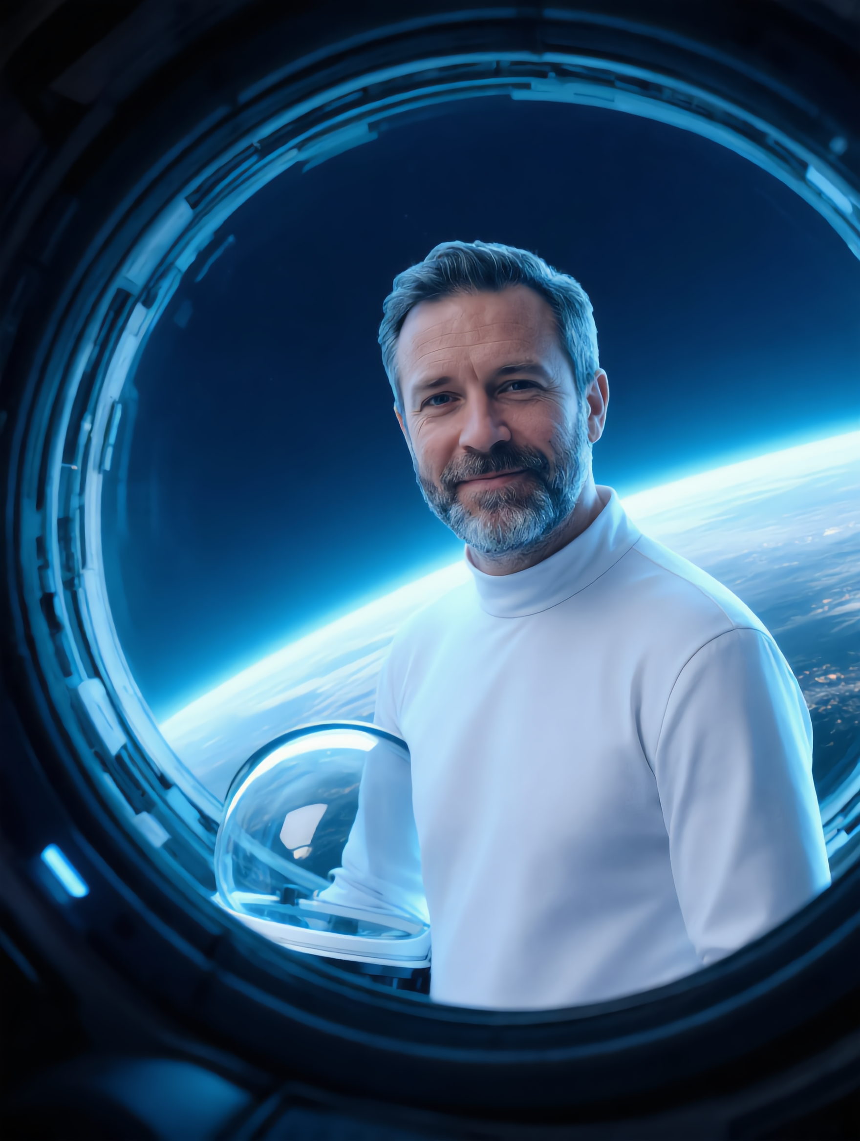 The same man in a white high neck top beside a round spacecraft window with a glowing blue planet behind him