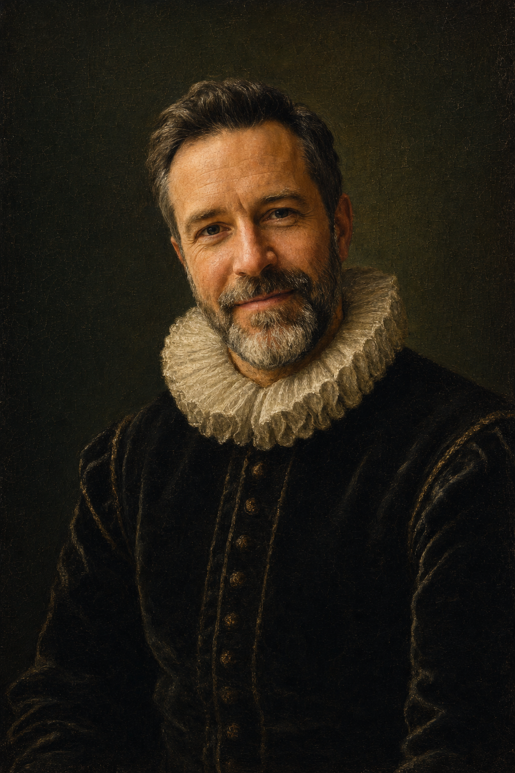 GPT Image 2: a close, faithful oil portrait of the man in a dark doublet and ruff