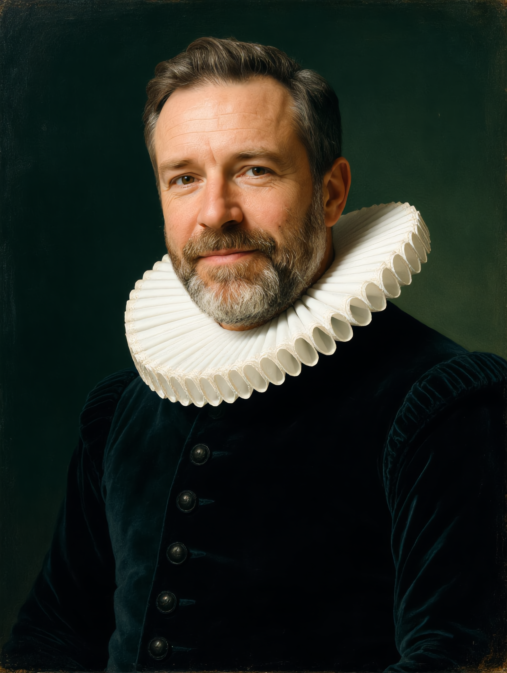 Kling Image: the man in a deep green toned oil portrait with a tall pleated ruff