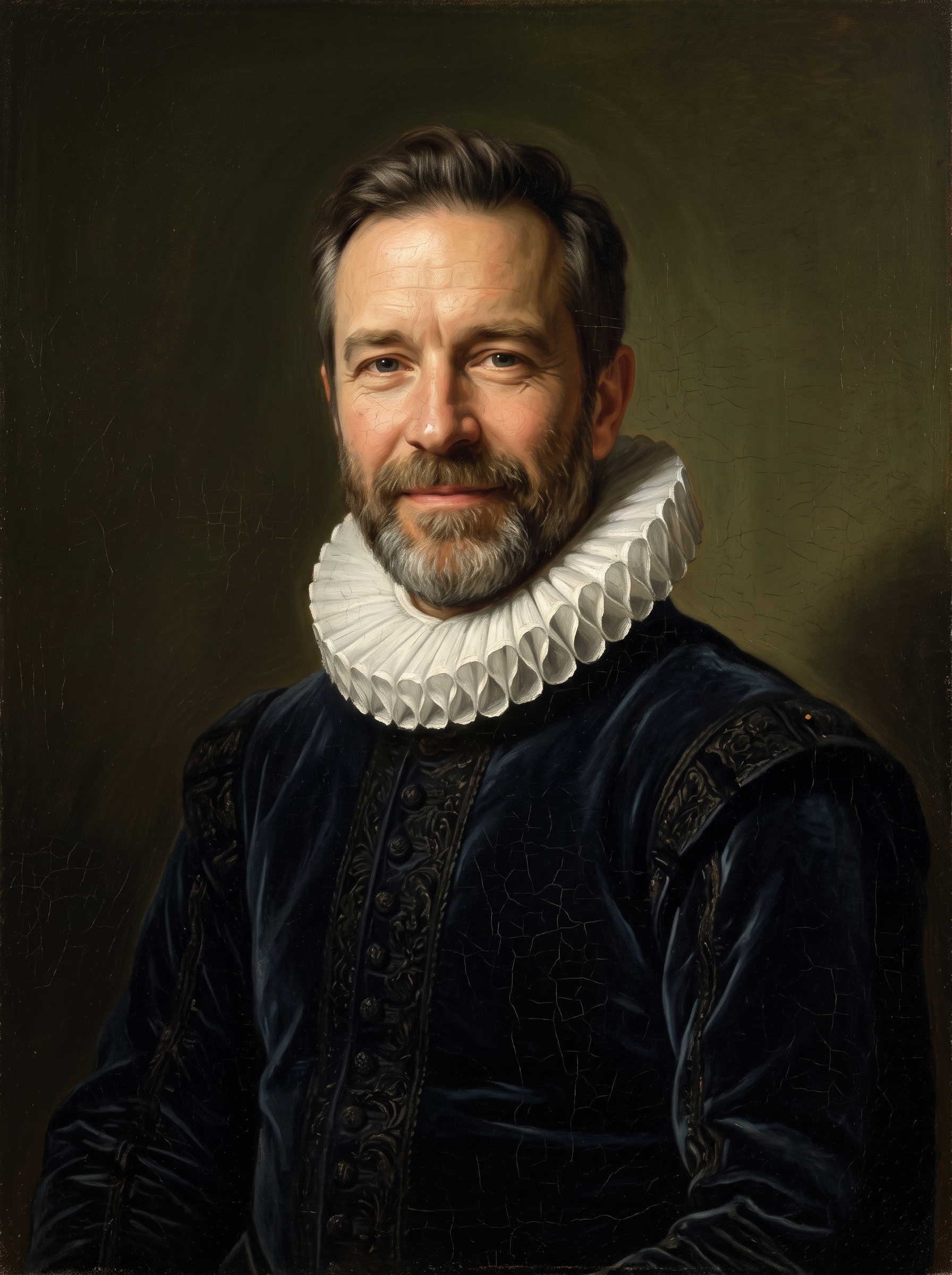 The bearded man from the cafe selfie painted as a Renaissance portrait in a dark velvet doublet and white ruff collar