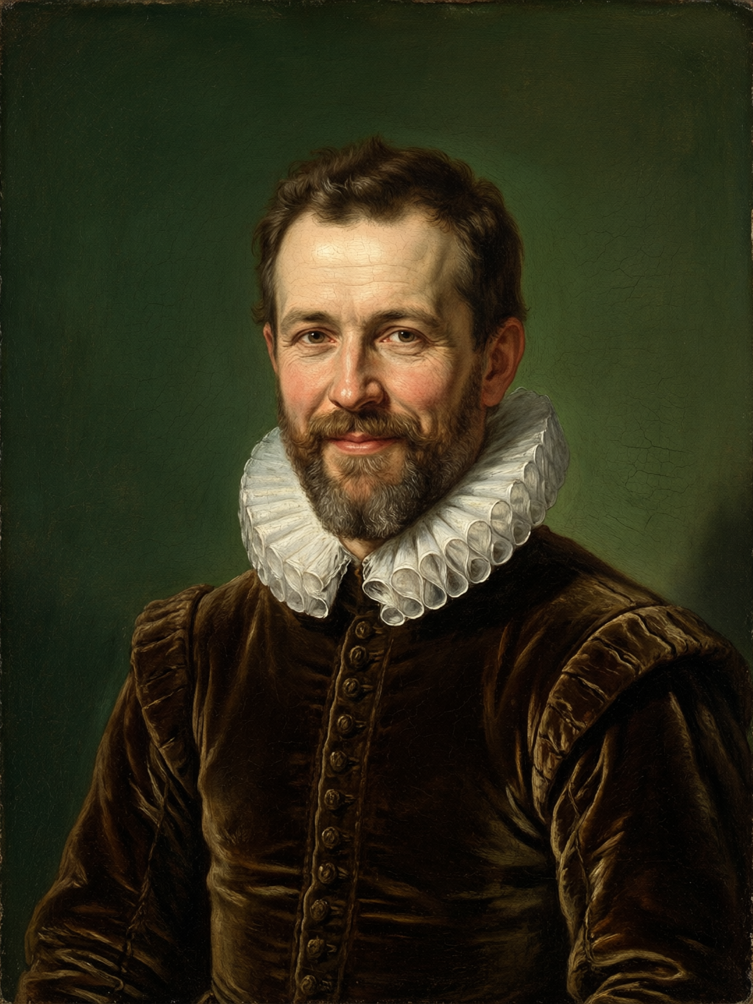 Qwen Image 2: a painterly portrait in a brown velvet doublet with a ruff on a green background