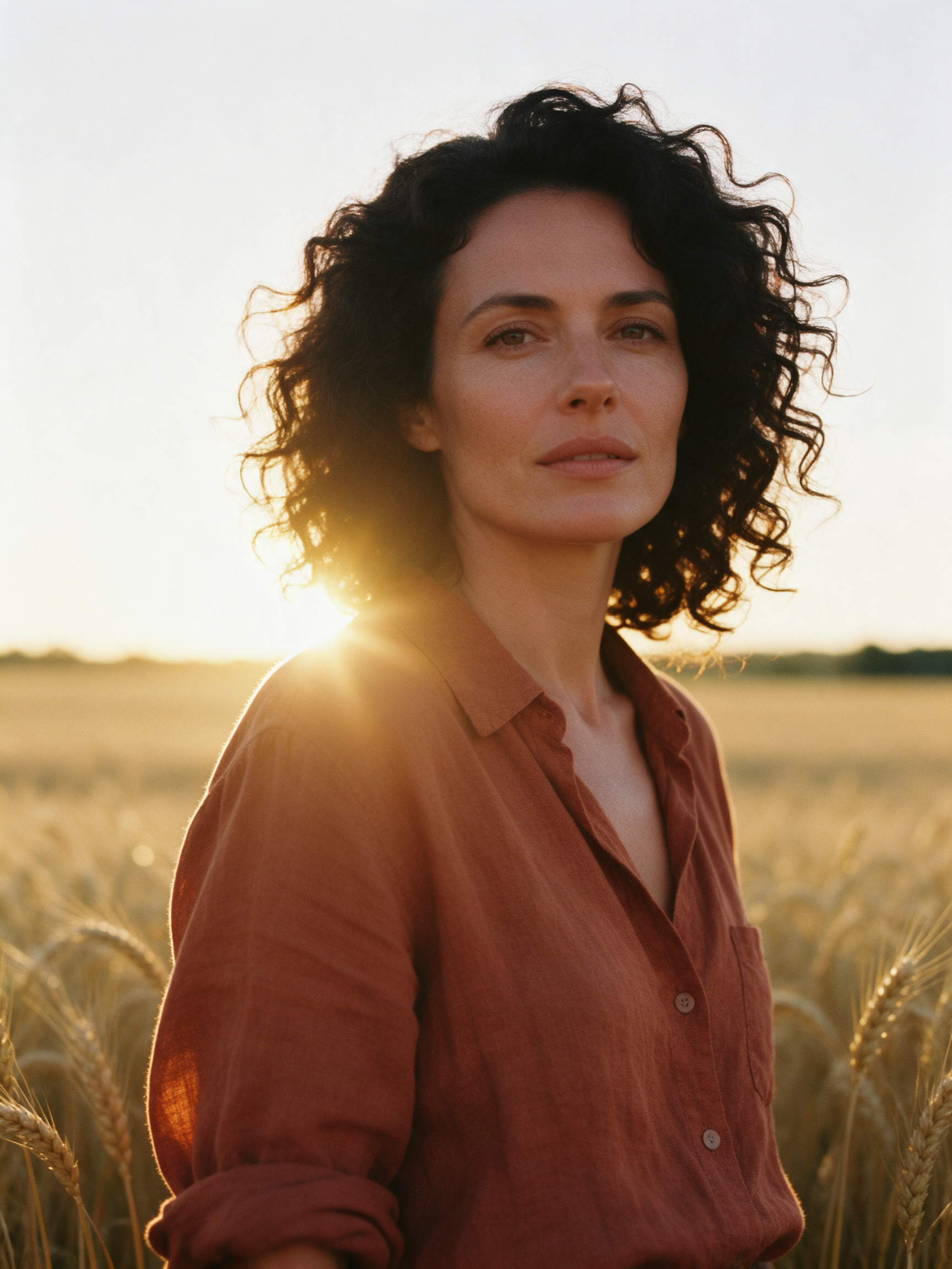 A woman with dark curly hair in a rust linen shirt stands in a wheat field with the sun flaring behind her shoulder