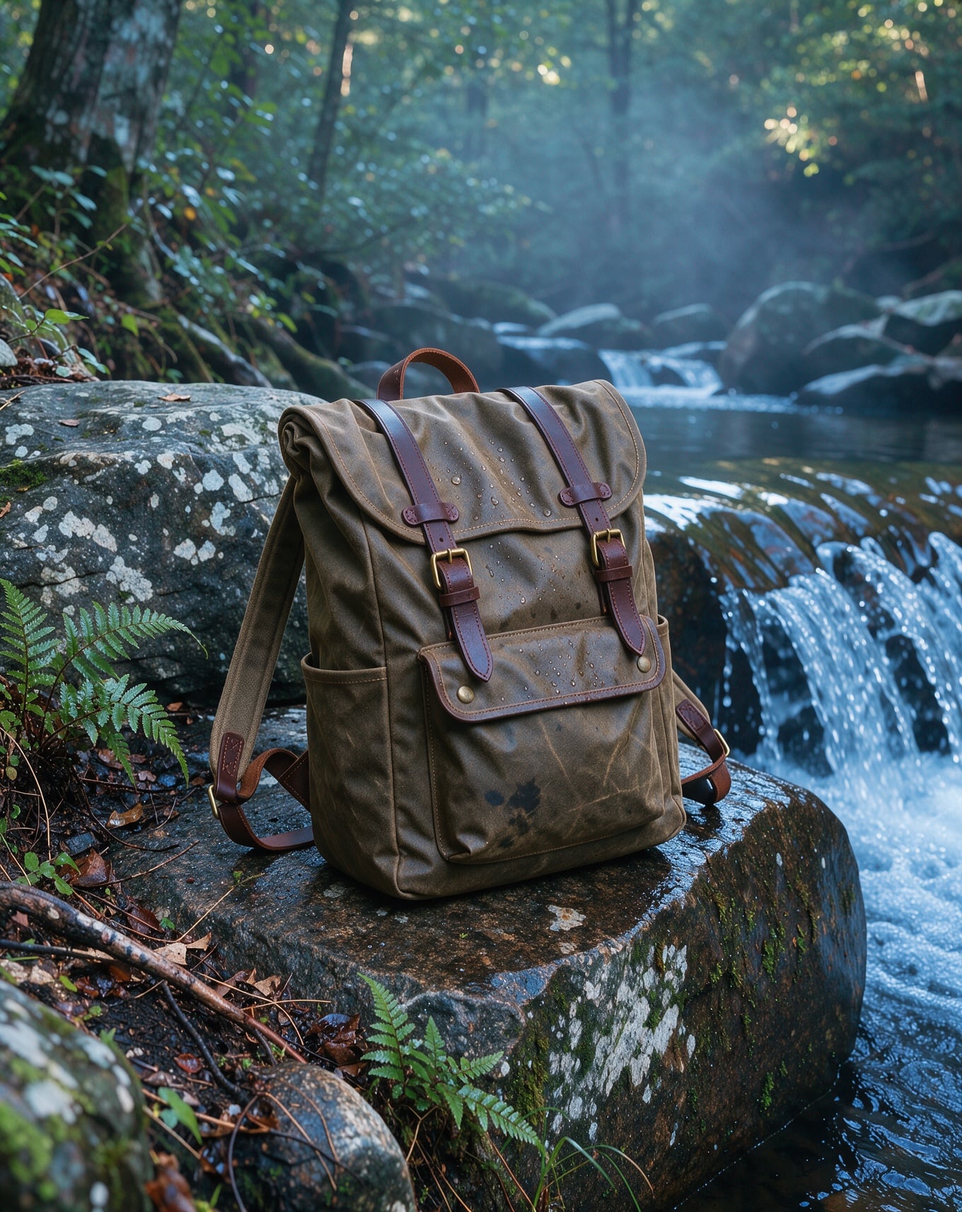 A waxed canvas backpack with leather straps on a mossy boulder beside a small waterfall in cool morning mist