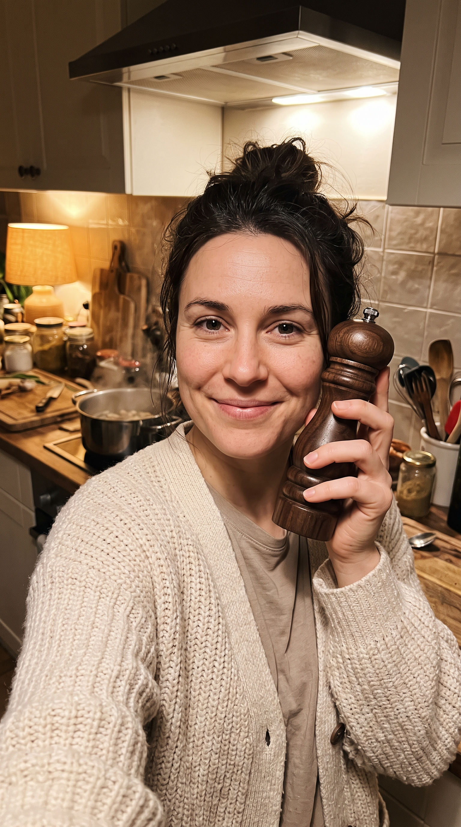 A selfie style photo of a woman in a cream cardigan holding a walnut pepper grinder beside her face in a cozy kitchen