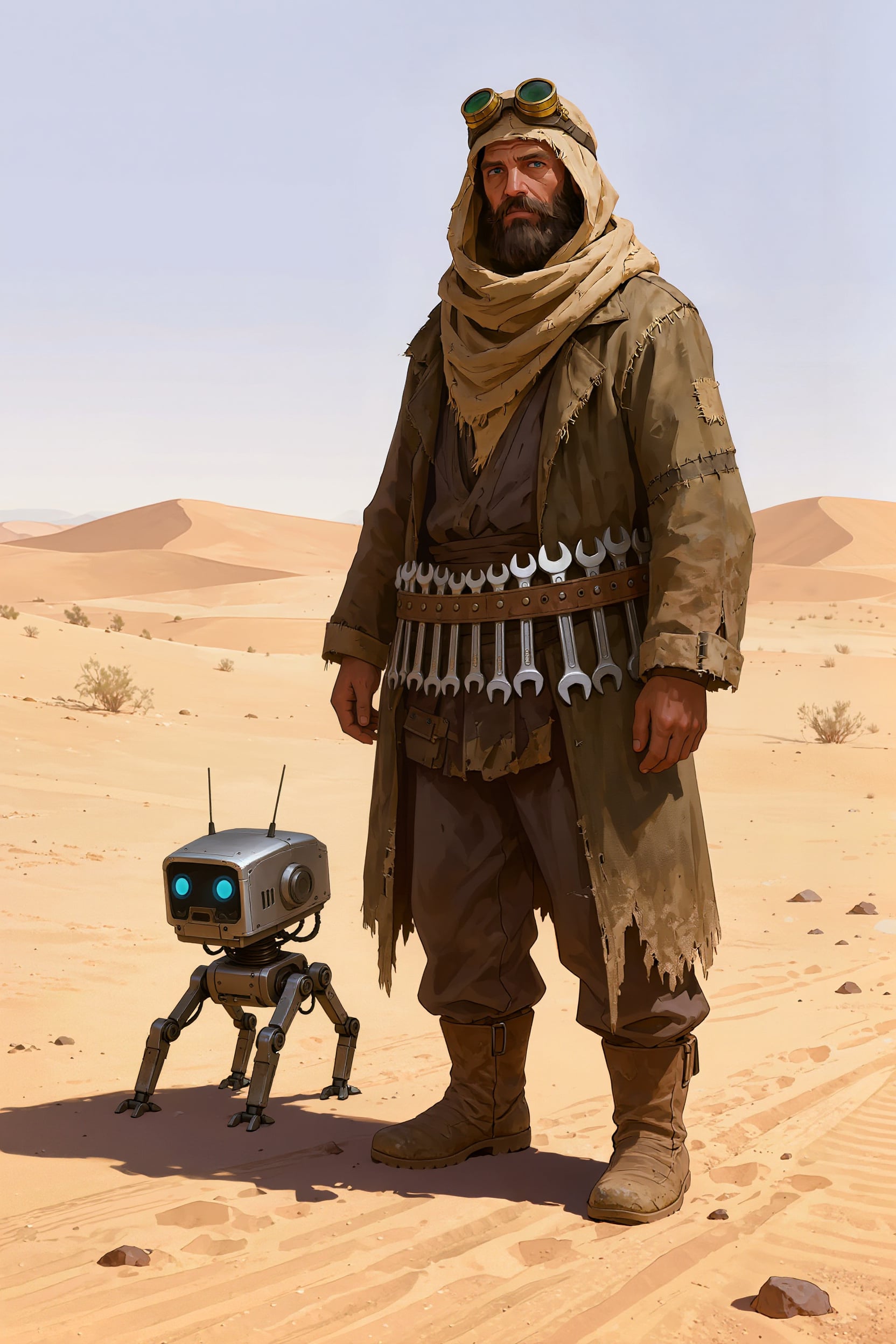 Un meccanico nomade del deserto con occhiali in ottone e cintura portautensili accanto a un piccolo robot camminatore