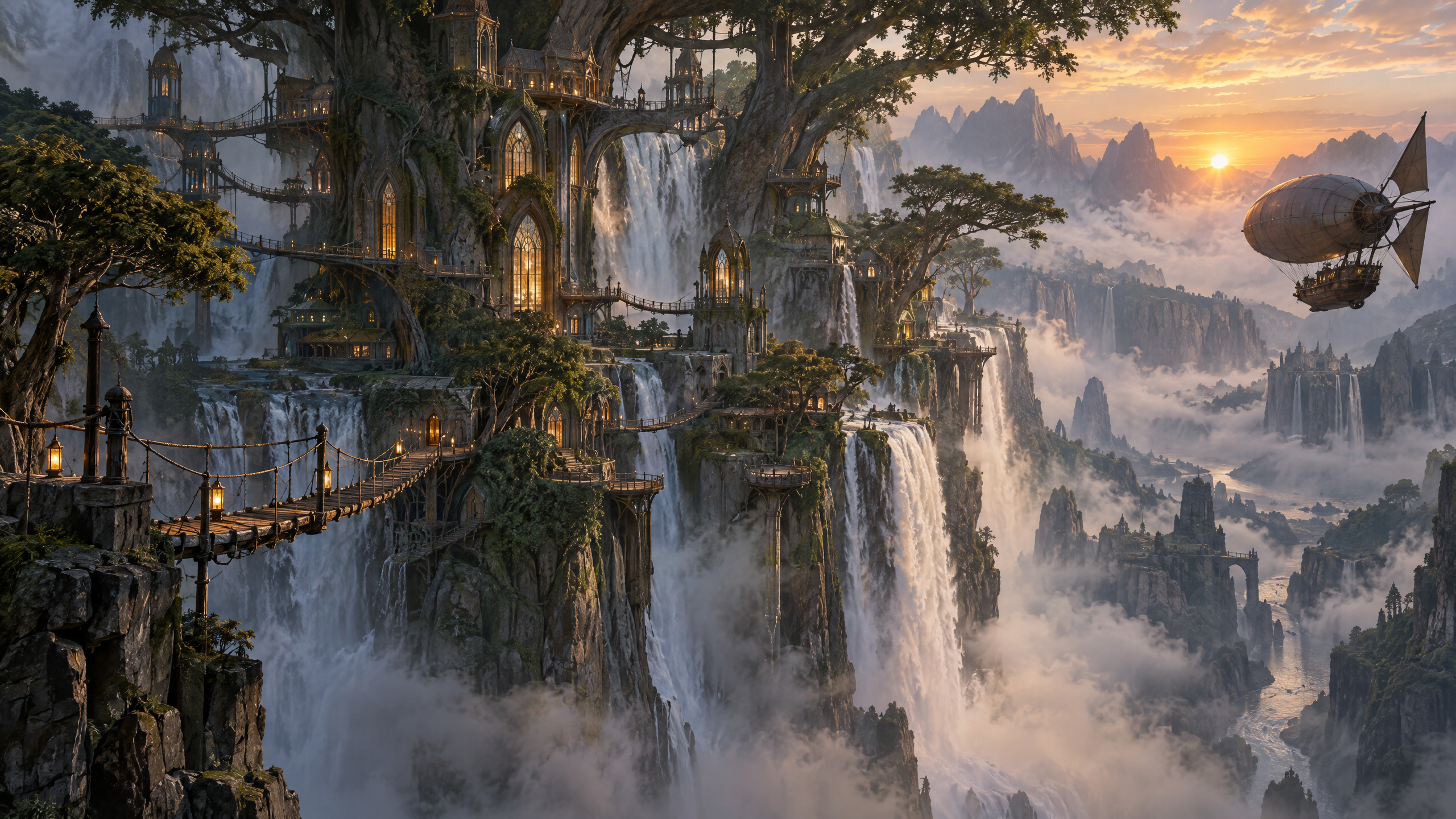 GPT Image 2.5: una città sugli alberi in una parete rocciosa con cascata all'alba e un dirigibile in avvicinamento