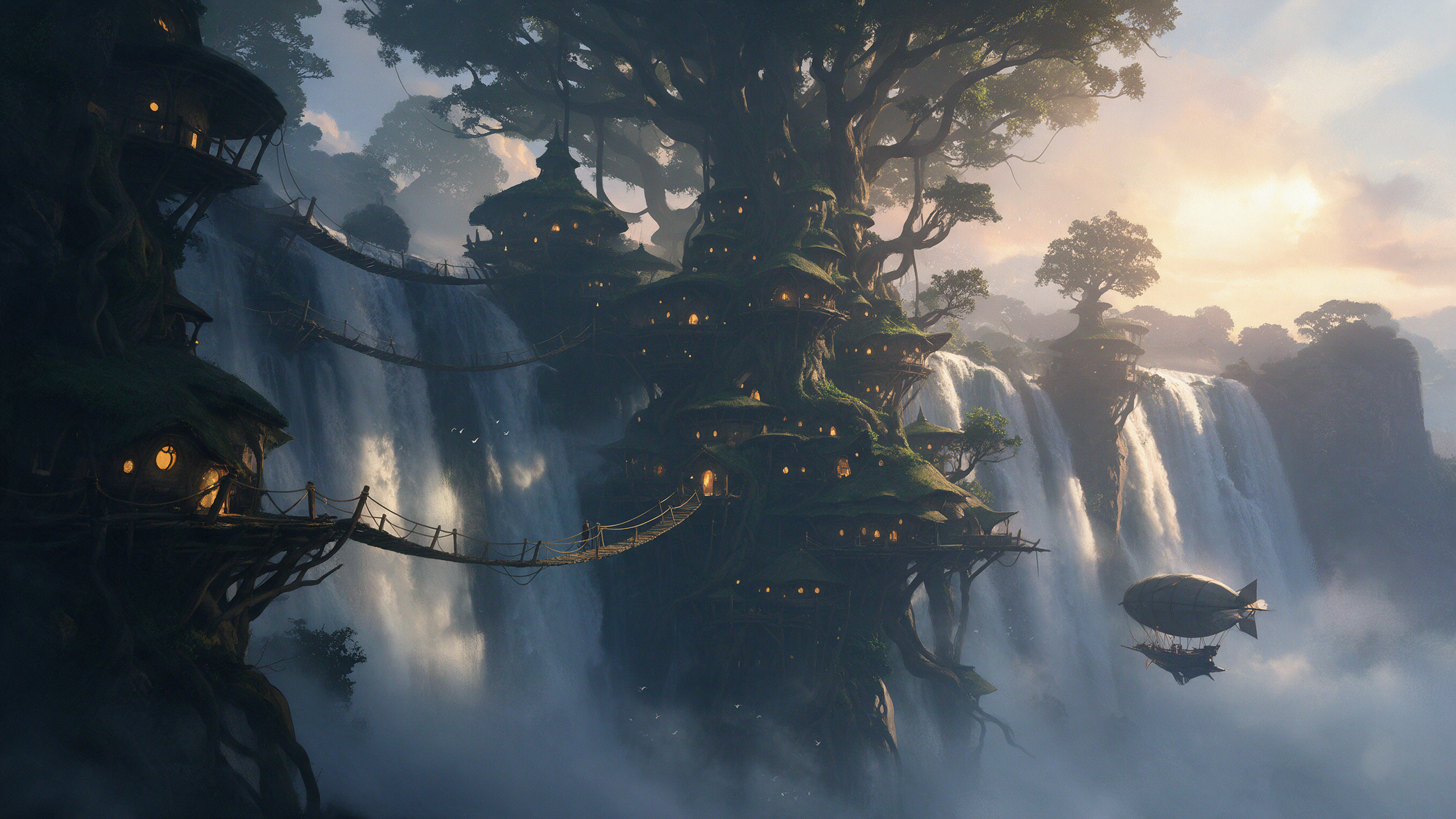 Seedream 5: una città sugli alberi in una parete rocciosa con cascata all'alba e un dirigibile in avvicinamento