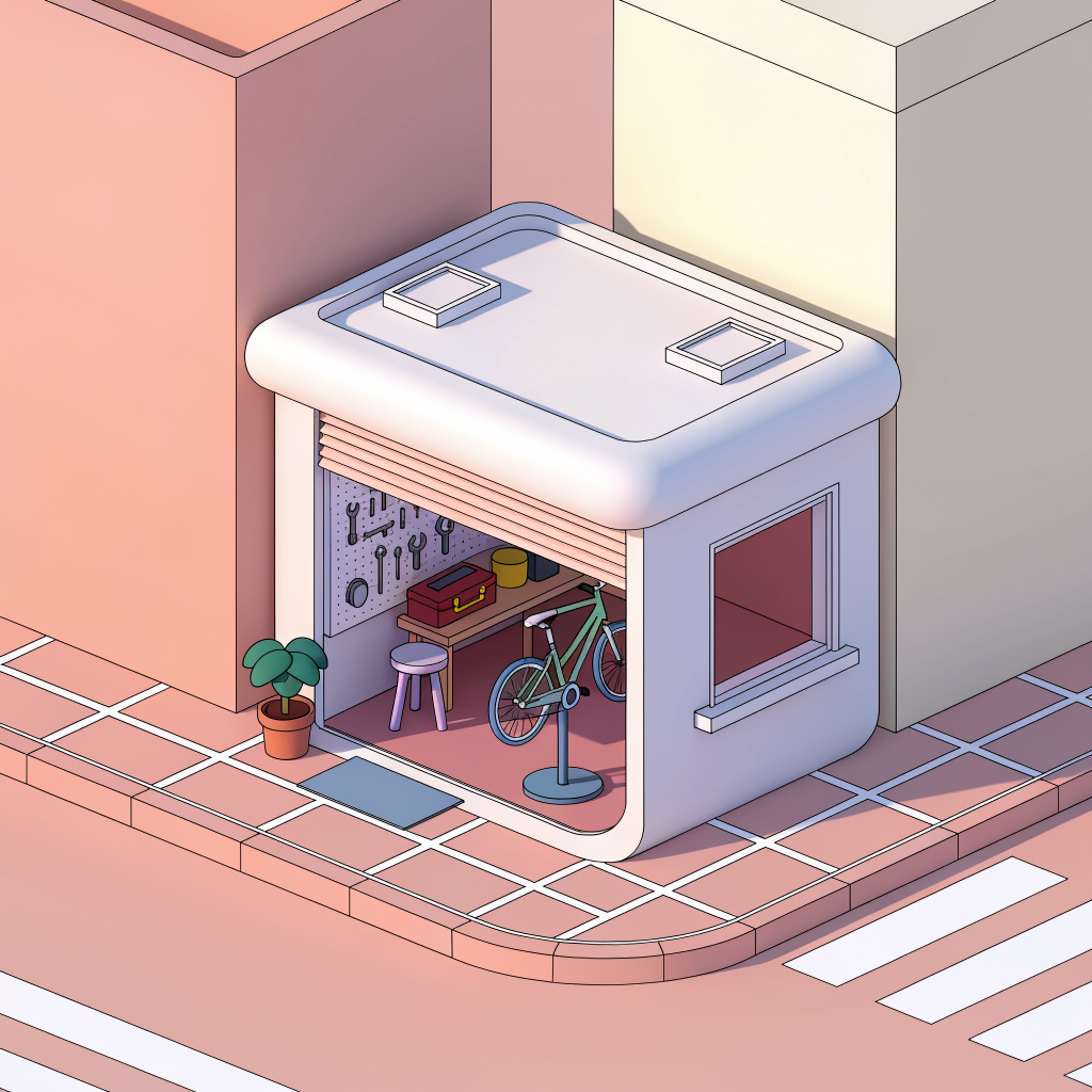 An isometric pastel corner kiosk with an open roller door, a bike on a stand, tools on a pegboard and a potted plant