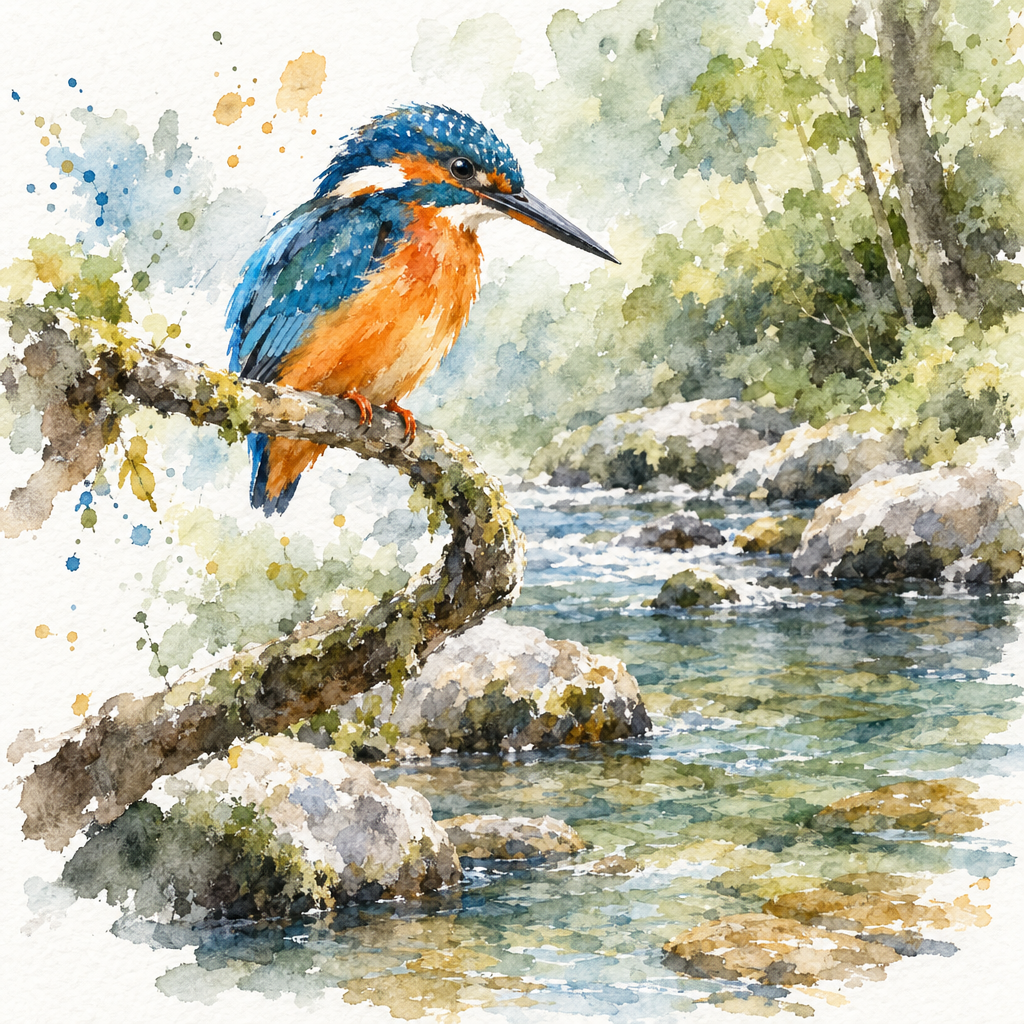 A loose watercolor kingfisher in orange and blue perched on a mossy branch over a clear stream
