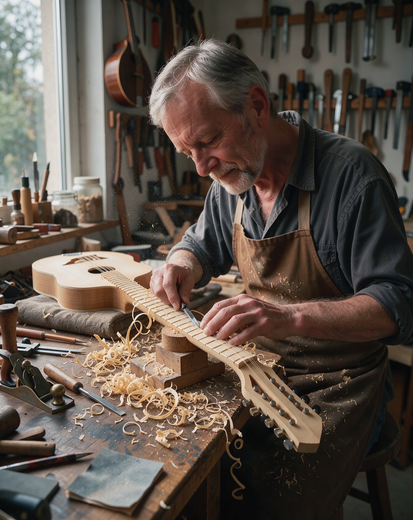 FLUX 3 Image: the luthier shapes a long pale neck in a bright workshop with tools hung on the wall