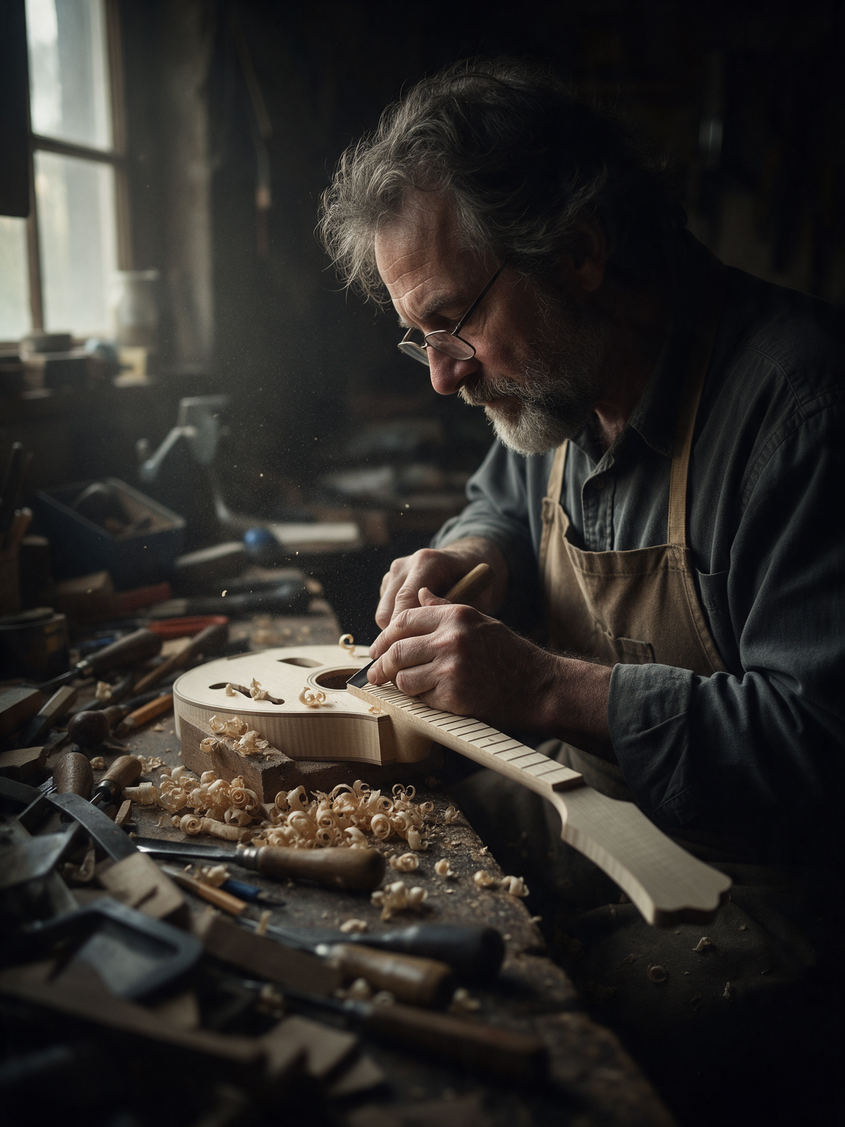 Seedream 5: the luthier in glasses carves a bare neck in a dark workshop lit from one window