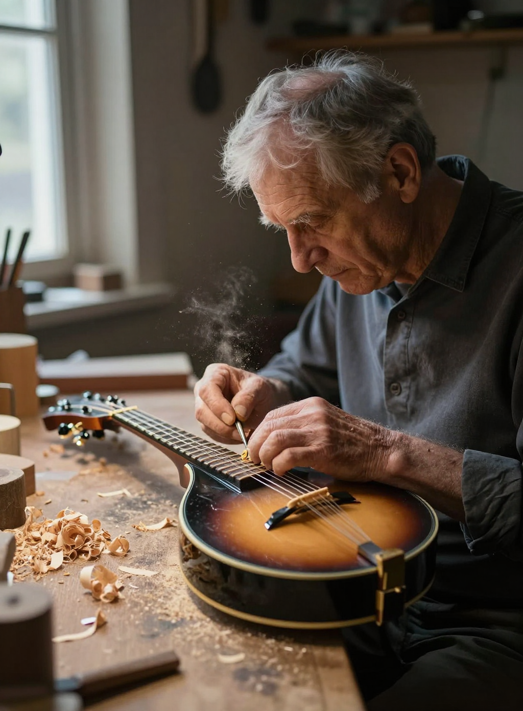 Z-Image Turbo: the luthier bends over a finished round backed mandolin in soft side light