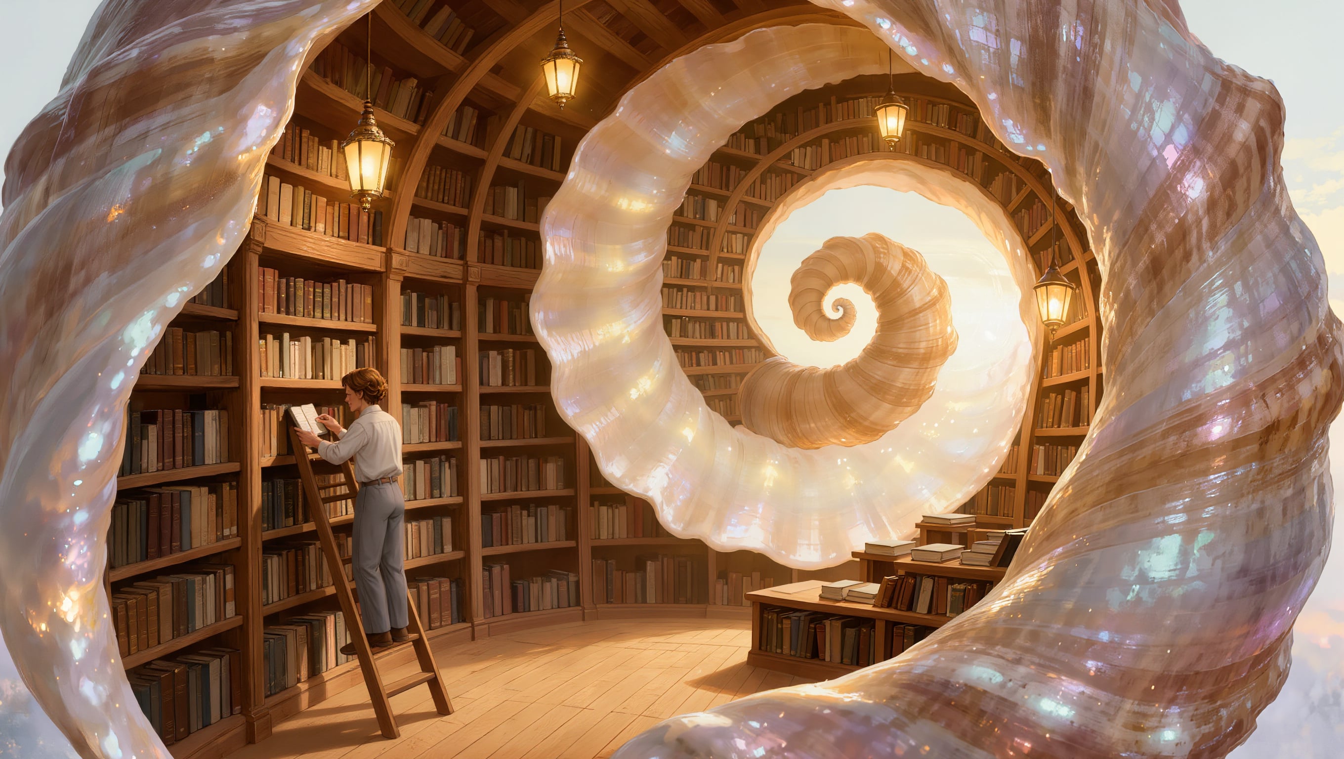 A vast library curving inside a giant pearly spiral seashell, a reader on a rolling ladder under warm lamps