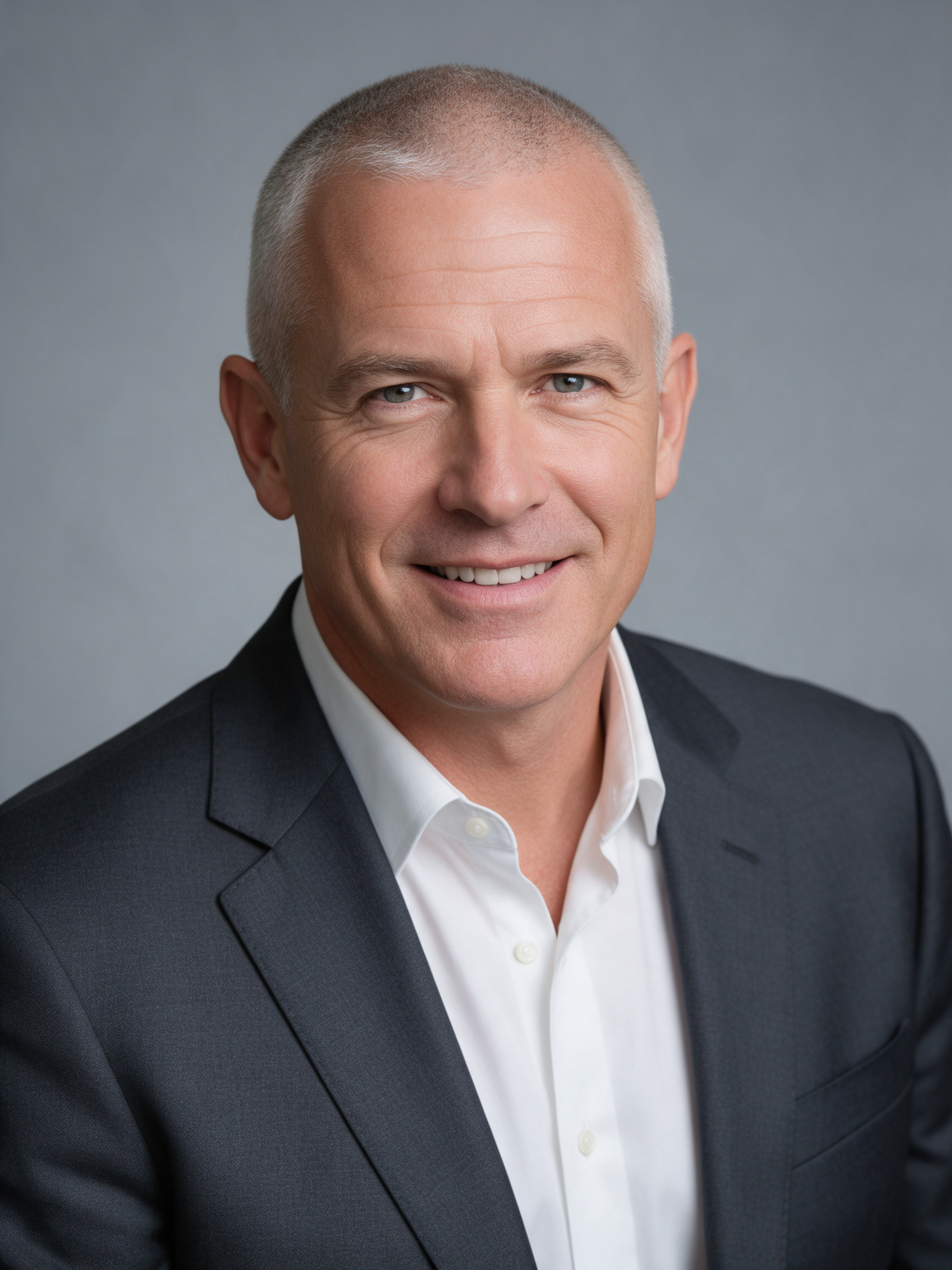 A smiling man in his fifties with close cropped grey hair in a charcoal suit on a soft grey backdrop