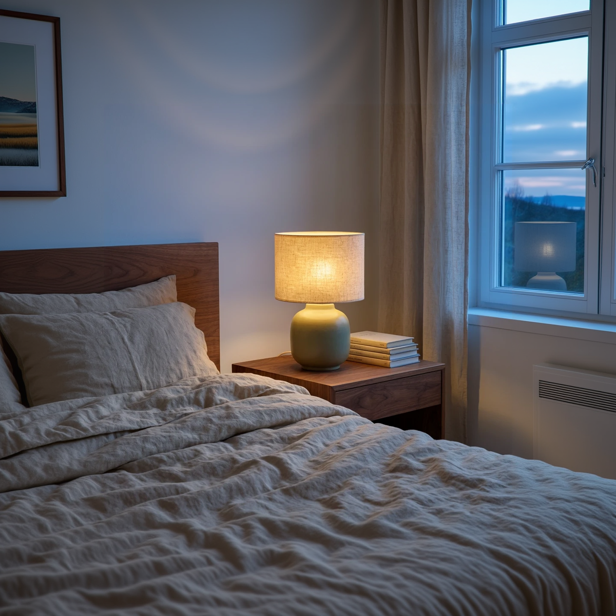Outpainting: the Qwen Image 2 scene widened to show more bed, wall, window and a framed print
