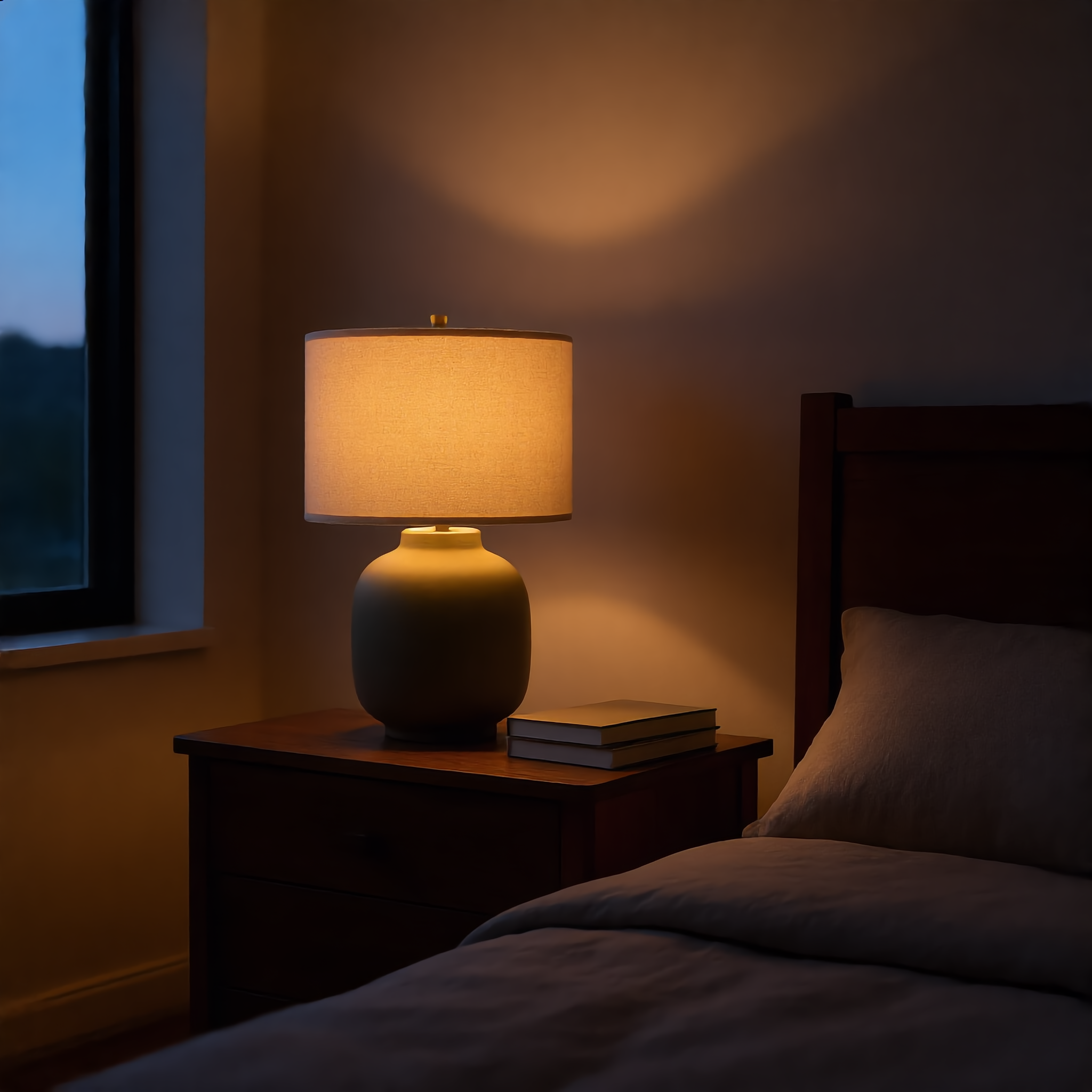 Kling Image: the lamp glows in a dark dusk bedroom with deep blue light at the window