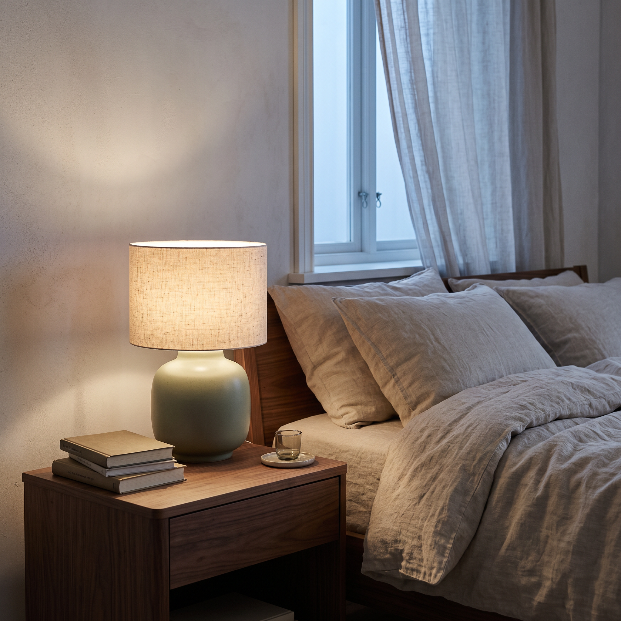 Nano Banana 2.1: the lamp on a bedside table in a bright bedroom with sheer curtains and daylight