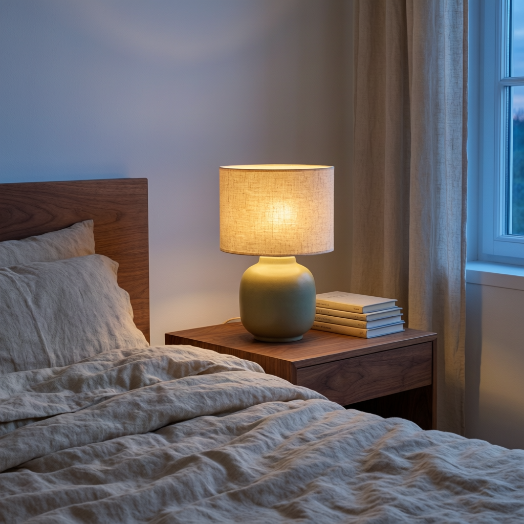 Qwen Image 2: the lamp glows on a walnut bedside table beside linen bedding and books in soft blue dusk light