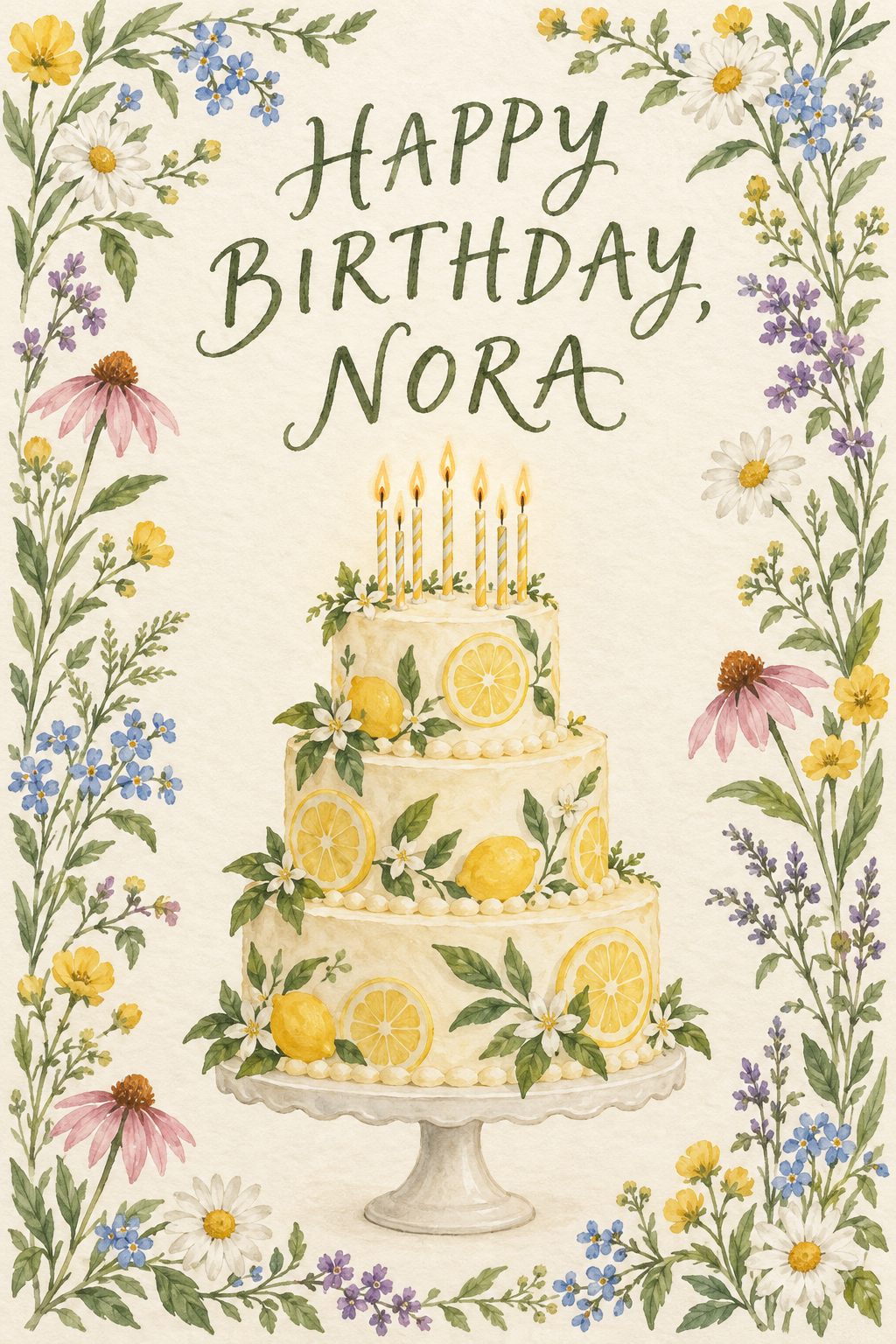 A birthday card reading HAPPY BIRTHDAY, NORA above a three tier lemon cake framed by watercolor wildflowers