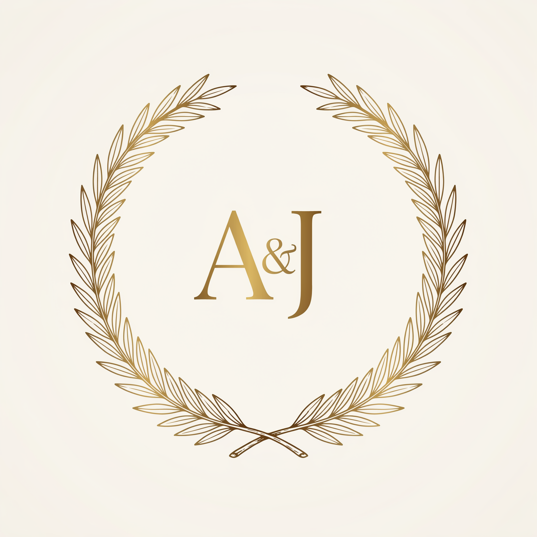 A gold A and J monogram inside a thin gold laurel wreath on an ivory background