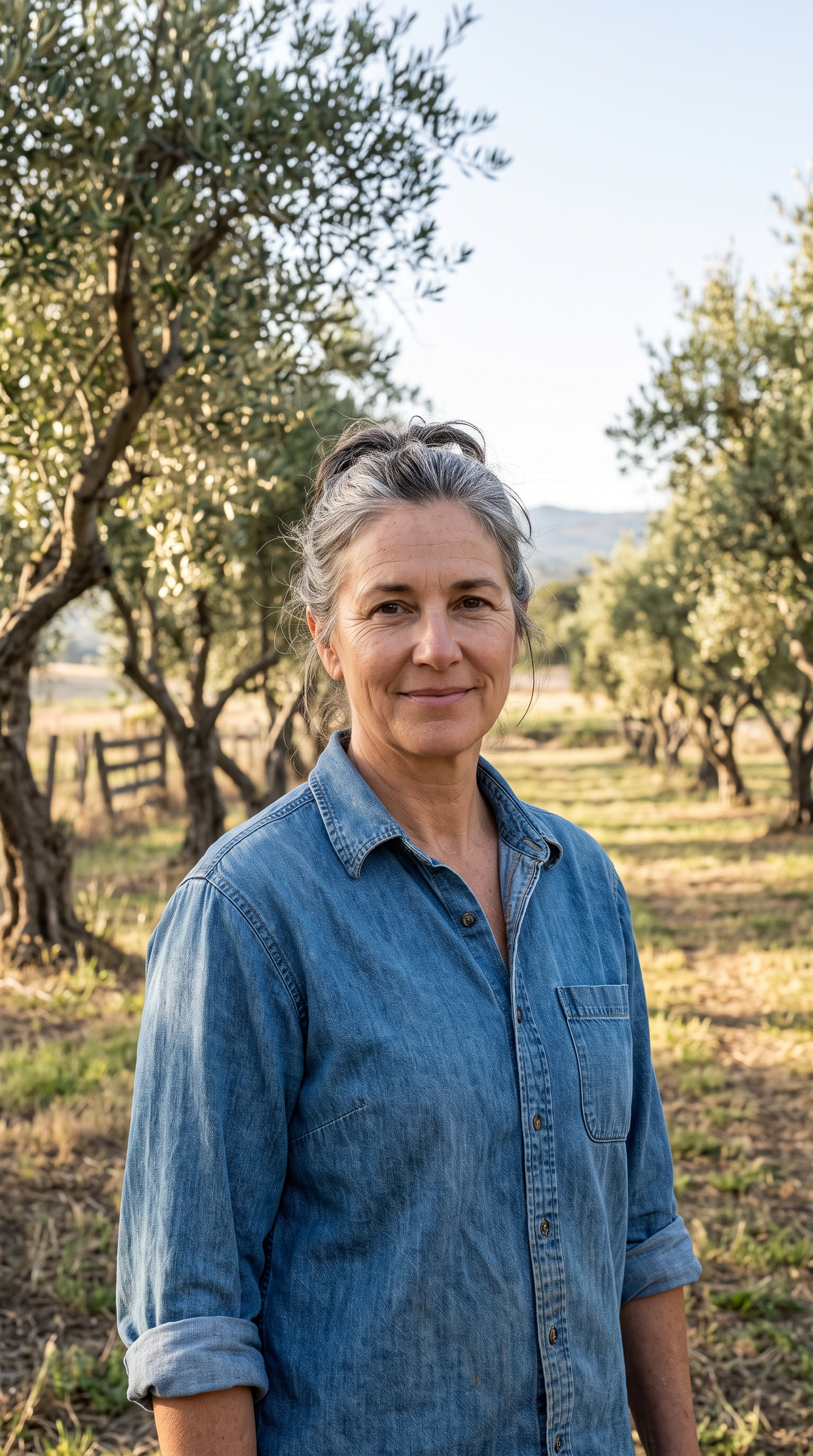 A woman in her fifties with silver streaked hair in a denim work shirt stands between rows of olive trees