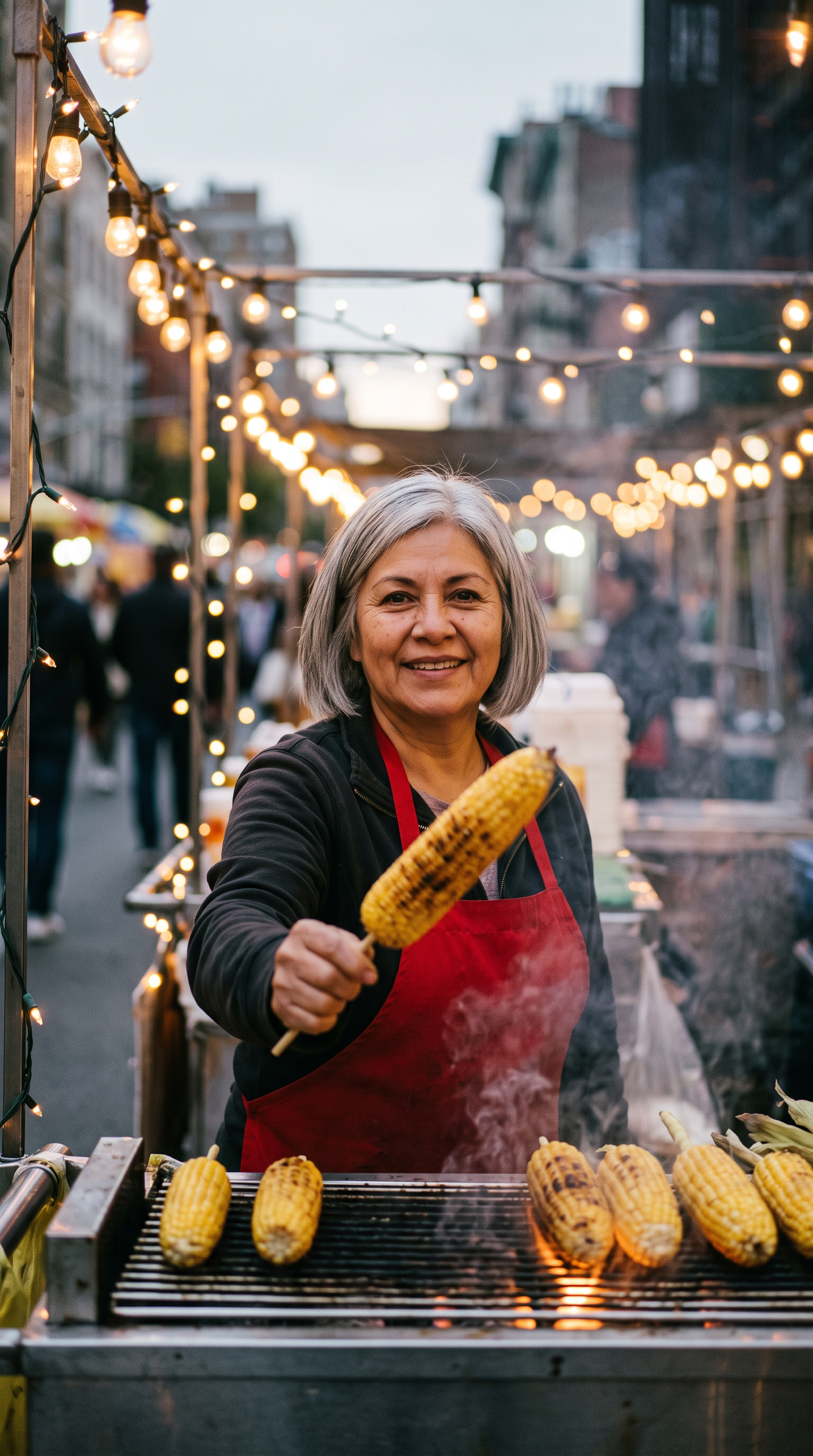 Step 1, Nano Banana 2.1: a vendor in a red apron holds a grilled corn cob toward the camera at her cart under string lights
