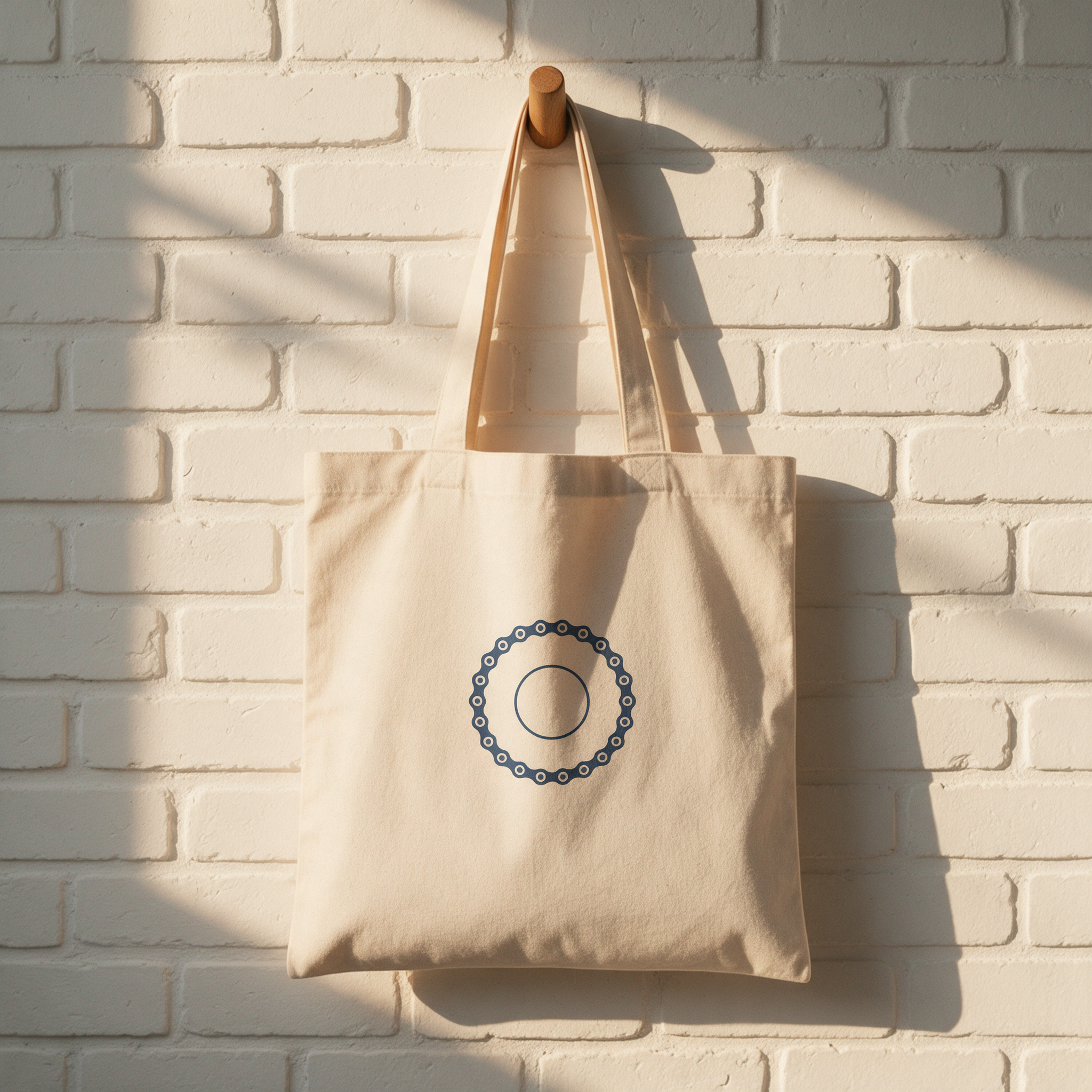 A natural canvas tote bag on a wooden peg against a white brick wall with a navy chain ring print