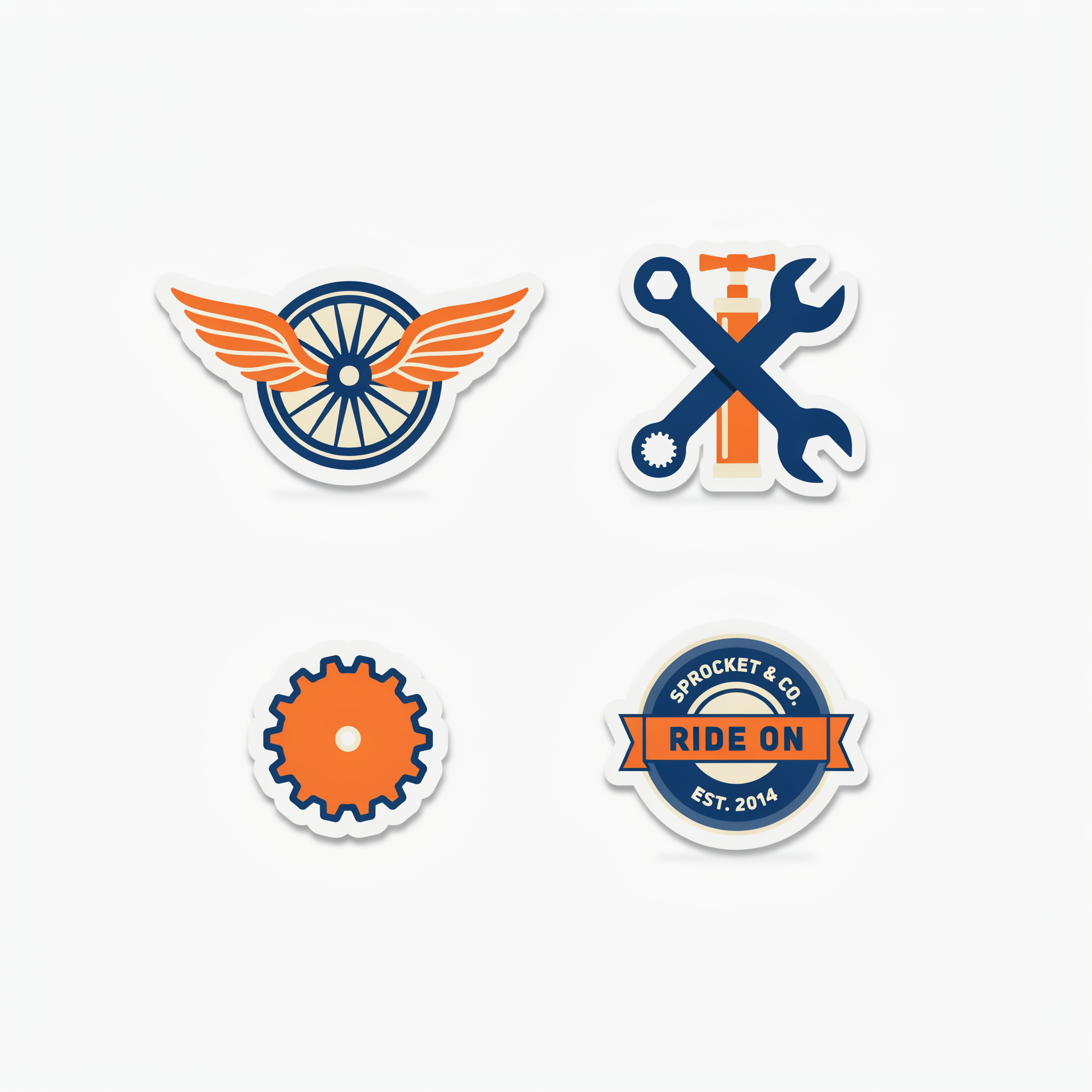 Four die cut stickers: a winged wheel, a crossed wrench and pump, an orange gear and a round RIDE ON badge