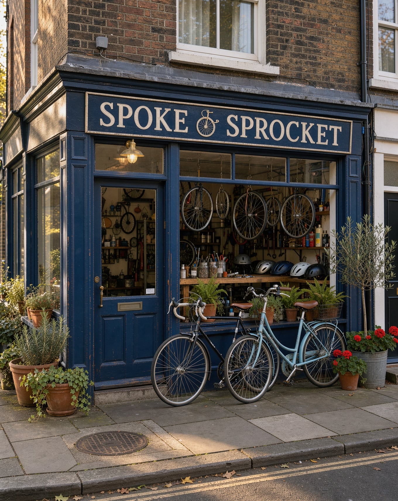 A navy painted corner shop with a sign reading SPOKE & SPROCKET above the door and two bicycles by the window