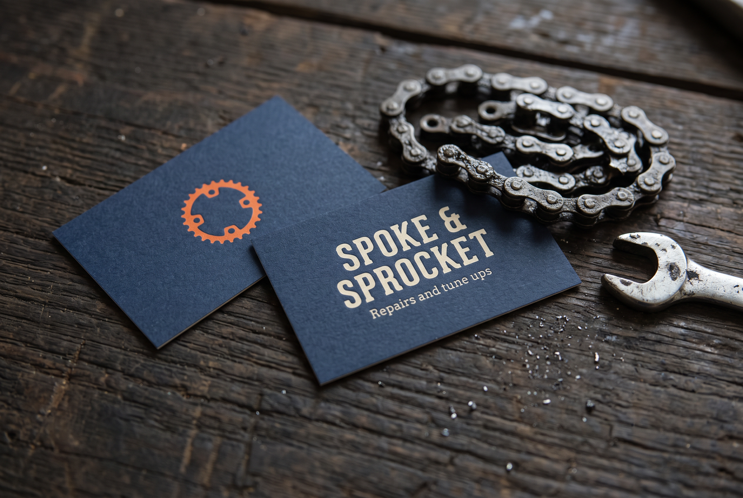 Two business cards on a dark wooden workbench beside a bike chain and a small wrench