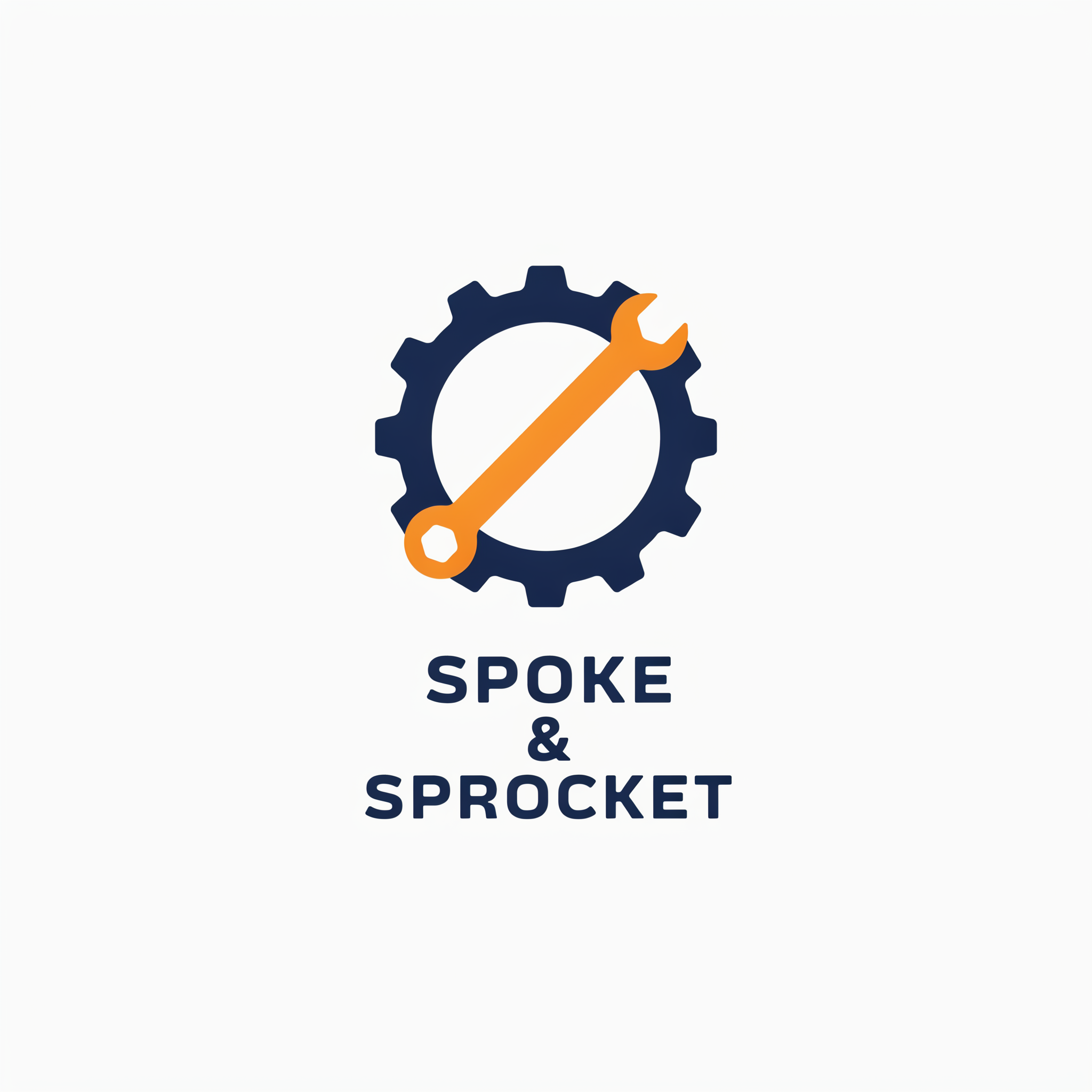 A navy chain ring gear with an orange wrench across it above the words SPOKE & SPROCKET in a bold rounded sans serif