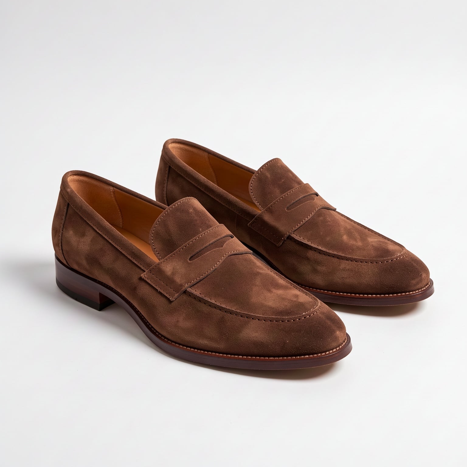 A pair of brown suede penny loafers on a plain white background