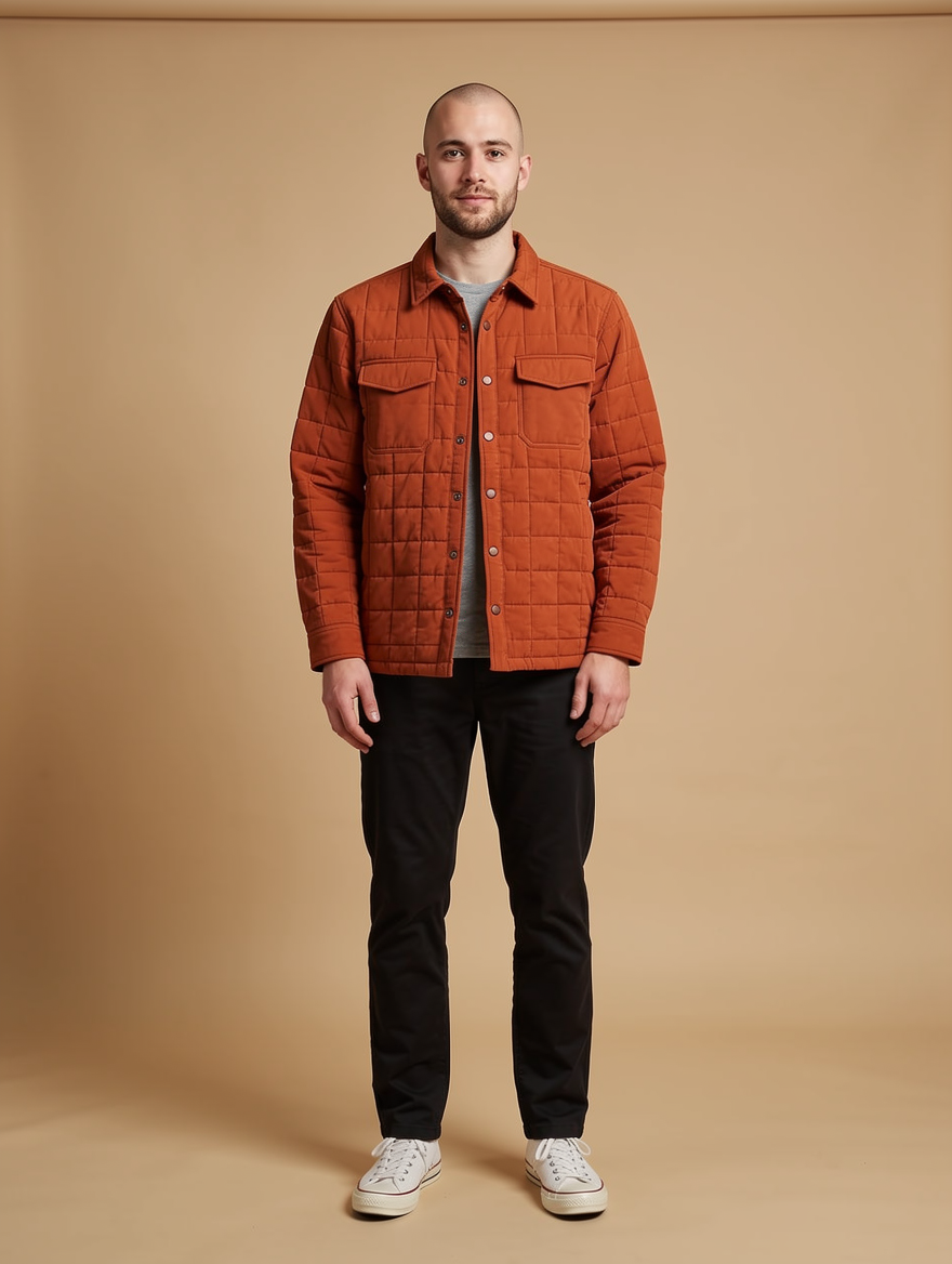 FLUX 2 Pro: the overshirt mostly buttoned with a strip of grey t-shirt at the neck