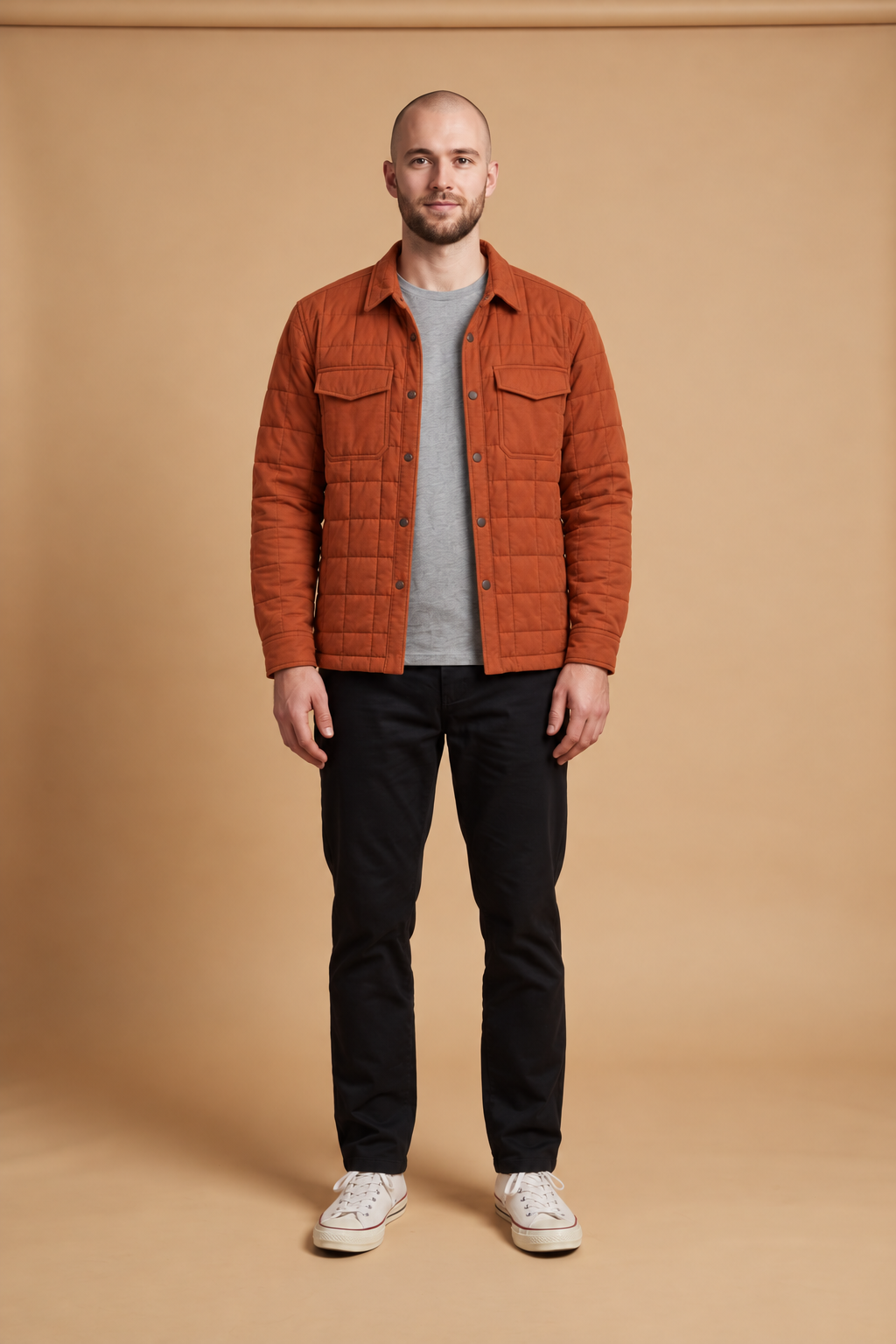 GPT Image 2.5: the overshirt worn open over the grey t-shirt, quilting and pockets intact
