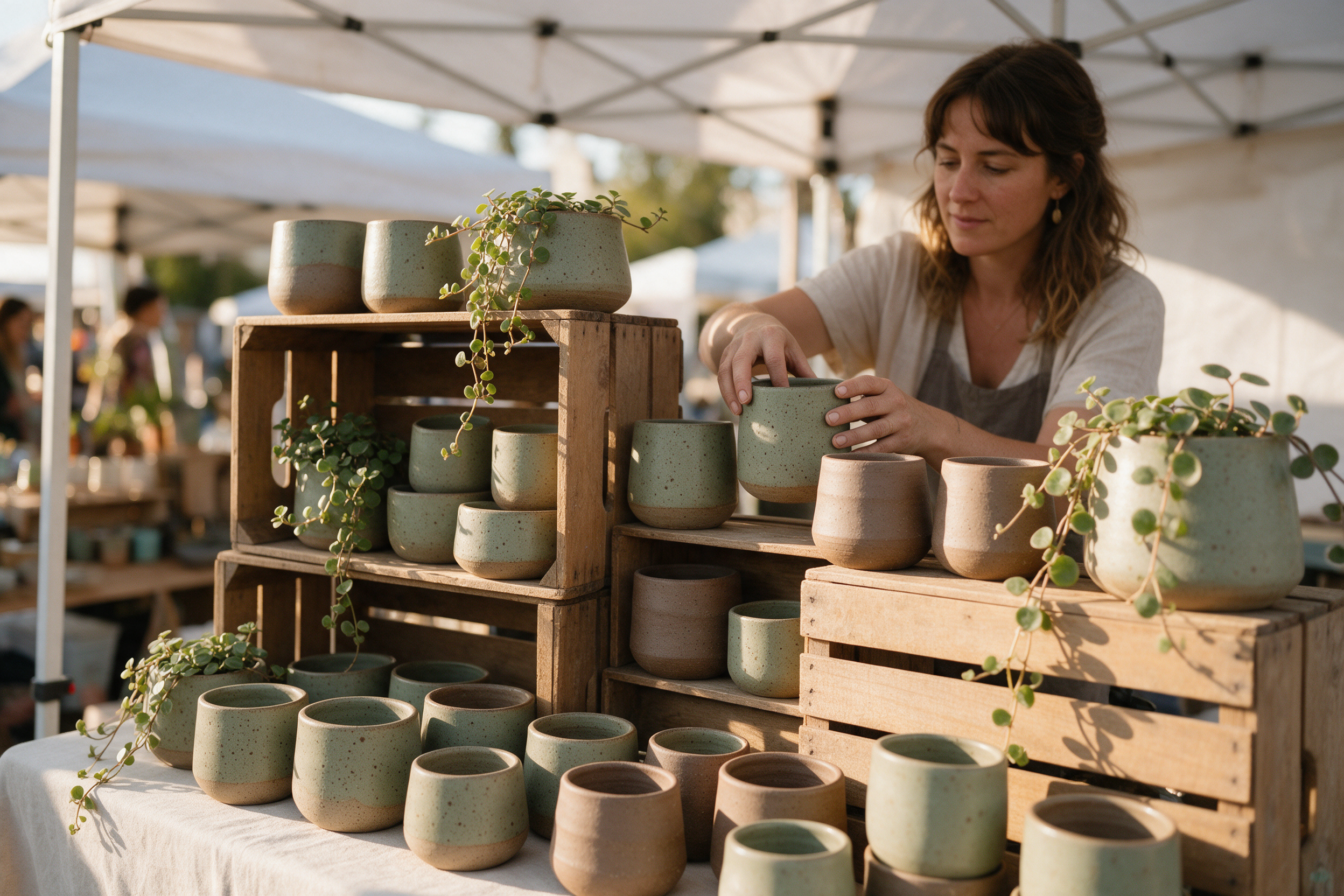 A potter arranges speckled planters on wooden crates at a craft fair stall under a white canopy