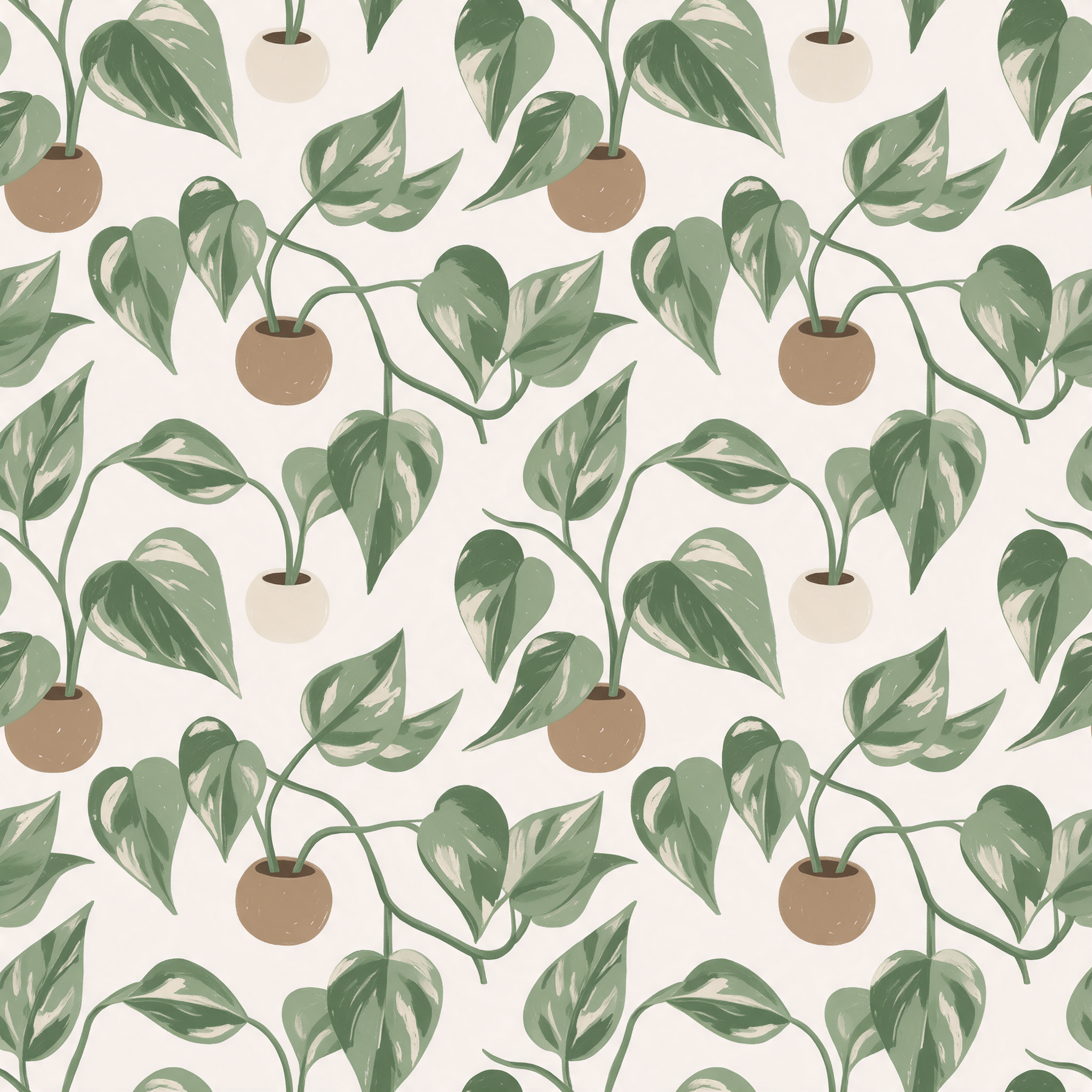 A repeating pattern of pothos leaves and small round planters in sage, clay and cream